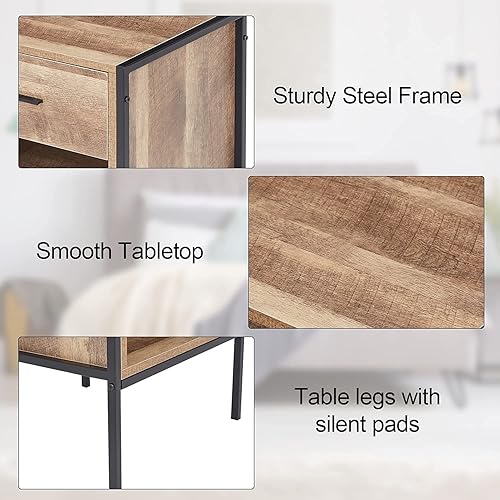 Miniatura 7 de Kinsuite Juego de 2 mesitas de noche, mesas auxiliares industriales con cajón y estante de almacenamiento, mesita de noche de madera, mesita de