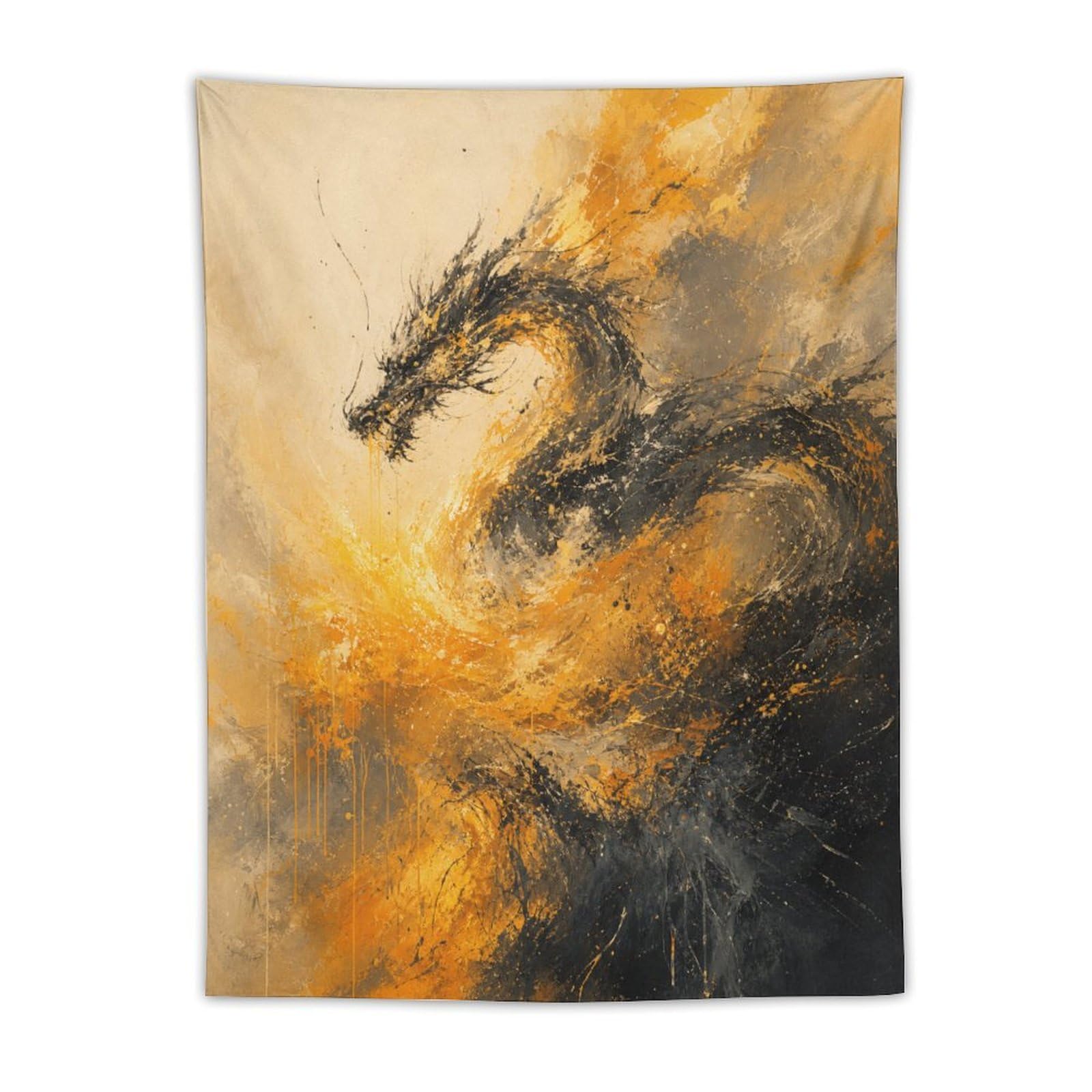 W7C8U2X3 Black Dragon Flame Wall Tapestry, Fantasy Illustration, Bedroom