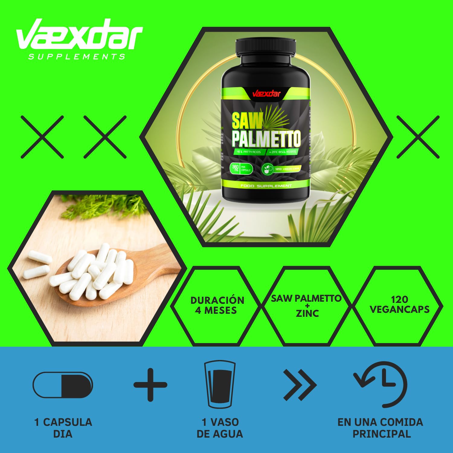 Vaexdar Saw Palmetto | Zinc Bisglicinato | Alta Potencia 360 mg Serenoa Repens | Saw Palmetto Prostata | 45% Ácidos Grasos | 120 Cápsulas Vegetales | Apoyo a la Salud Masculina | 4 Meses de Duración