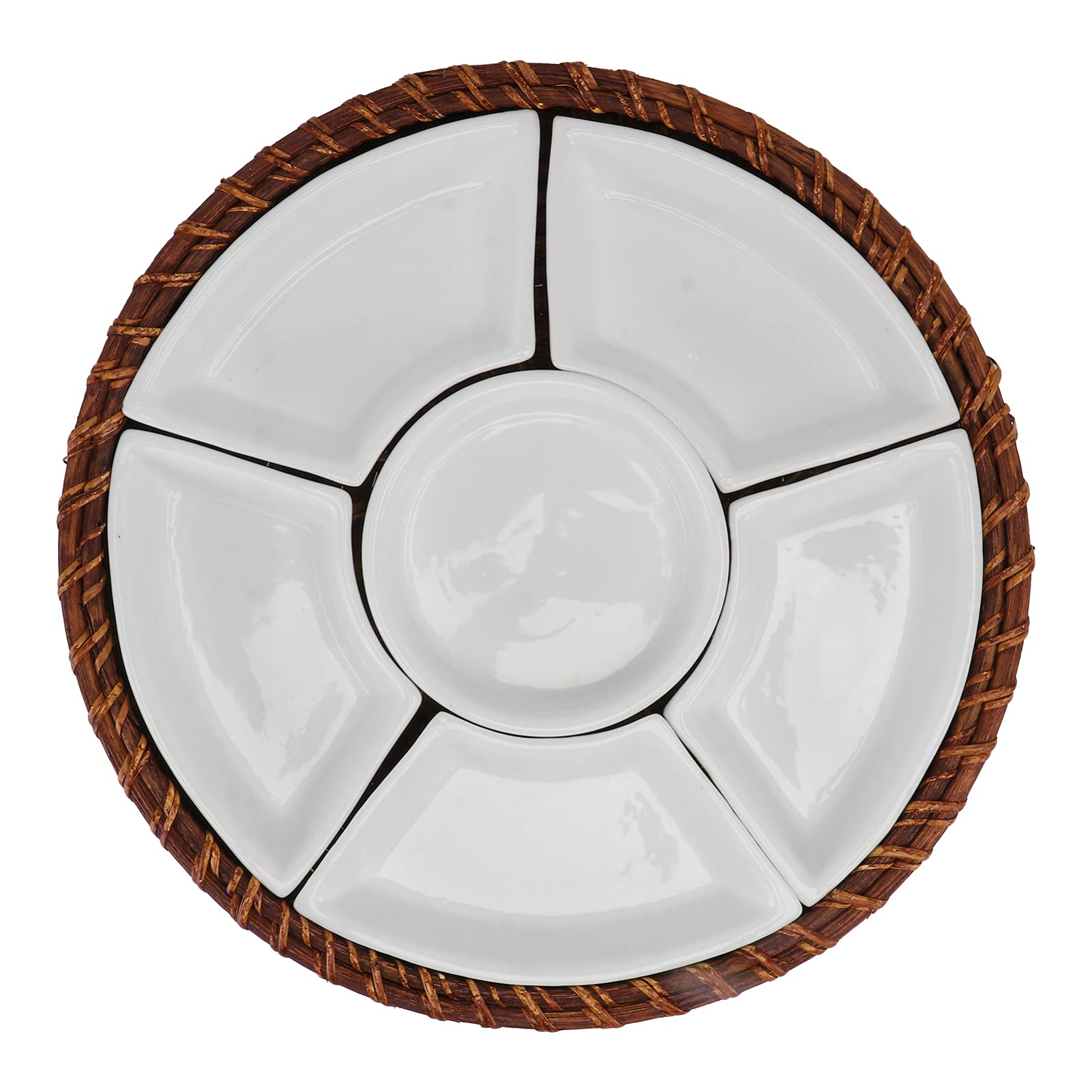 1 Set Geteilte Snack-Tablett Süßigkeits- und Nuss-Servierbehälter mit Rattan-Fach-Keramik-Fach-Vorspeise-Fach for die Hausküche Hochzeitsfeier (gemischte Farbe)