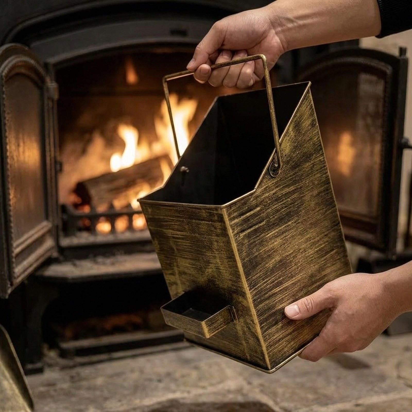 Ascheeimer Ascheeimer mit Deckel Kamin Ascheeimer Aschenträger Eimer Ofenzubehör Aus Eisen mit Schräger Öffnung für Leichtes Schaufeln Und Ausgießen F, Bronze