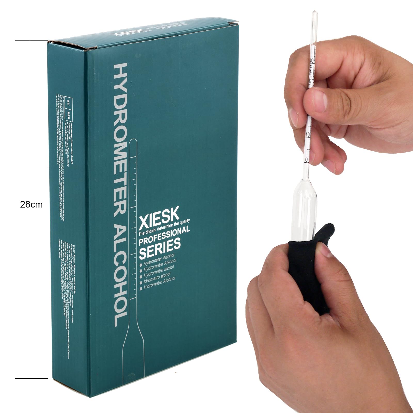 Alcoholímetro 0-100% Vol% para alcohol, destilados, whisky, vodka, etc., para la prueba de alto contenido de alcohol, incluye cilindro de latón e instrucciones en alemán (idioma español no