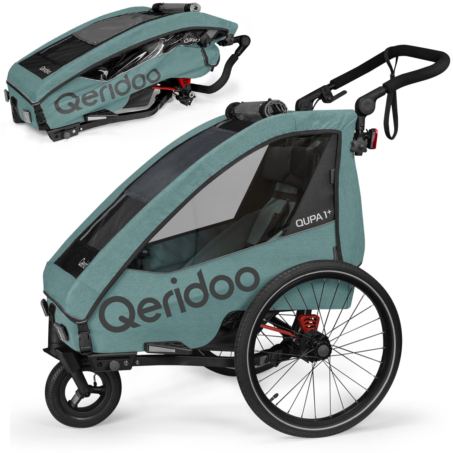 Qeridoo QUPA 1 Plus Mineral Blue |Fahrradanhänger 1 Kind mit Federung & 3-in-1-Verdeck |Kinderfahrradanhänger & Jogger Kinderwagen | Faltbarer Fahrrad Anhänger Kinder |Sicher & Komfortabel im Alltag