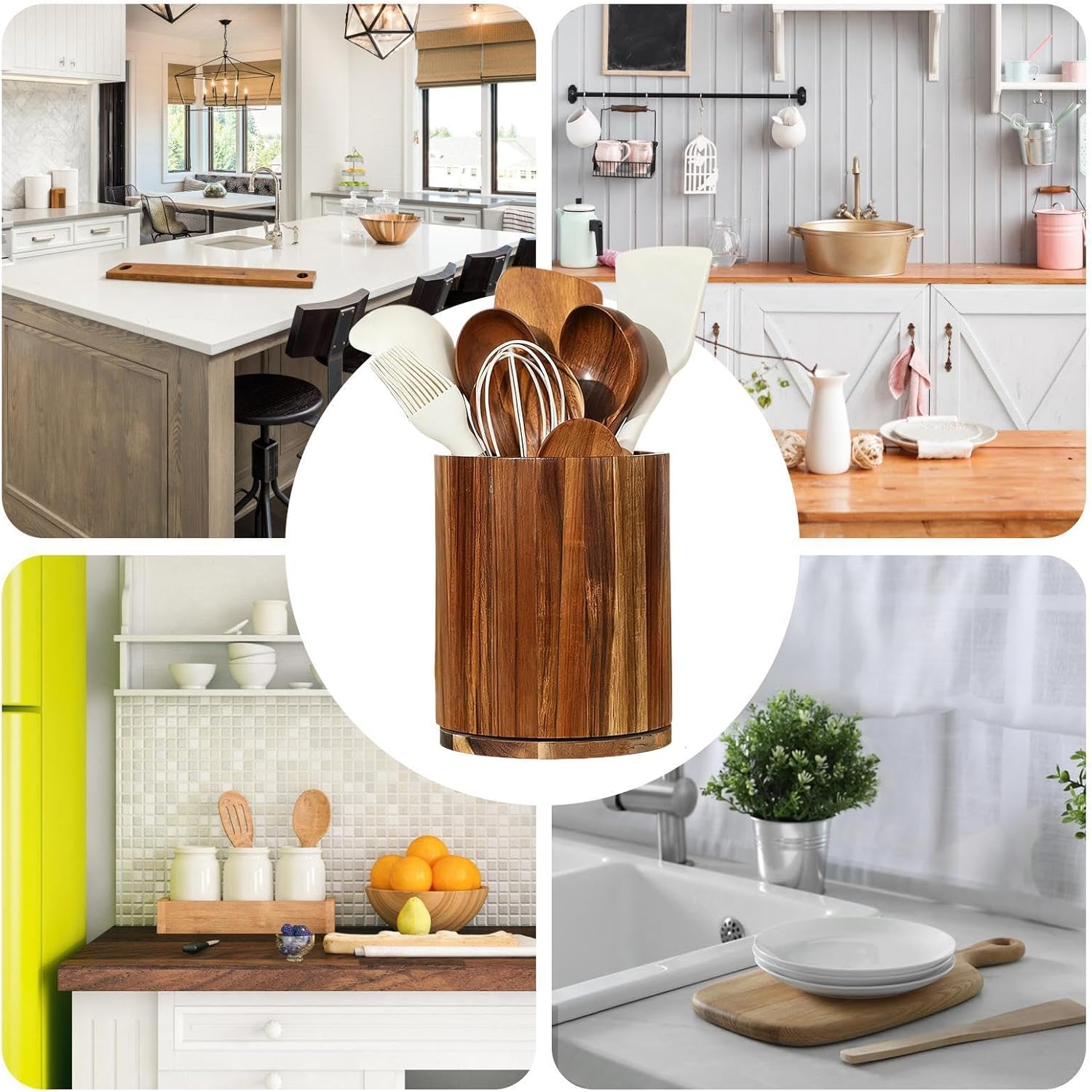 Utensil Crock,360 Rotating Base Wooden Waterproof | Utensil Holder for Kitchen Counter,for Silverware Spoon Fork Spatula Cooking Tools Home Apartment Farmhouse