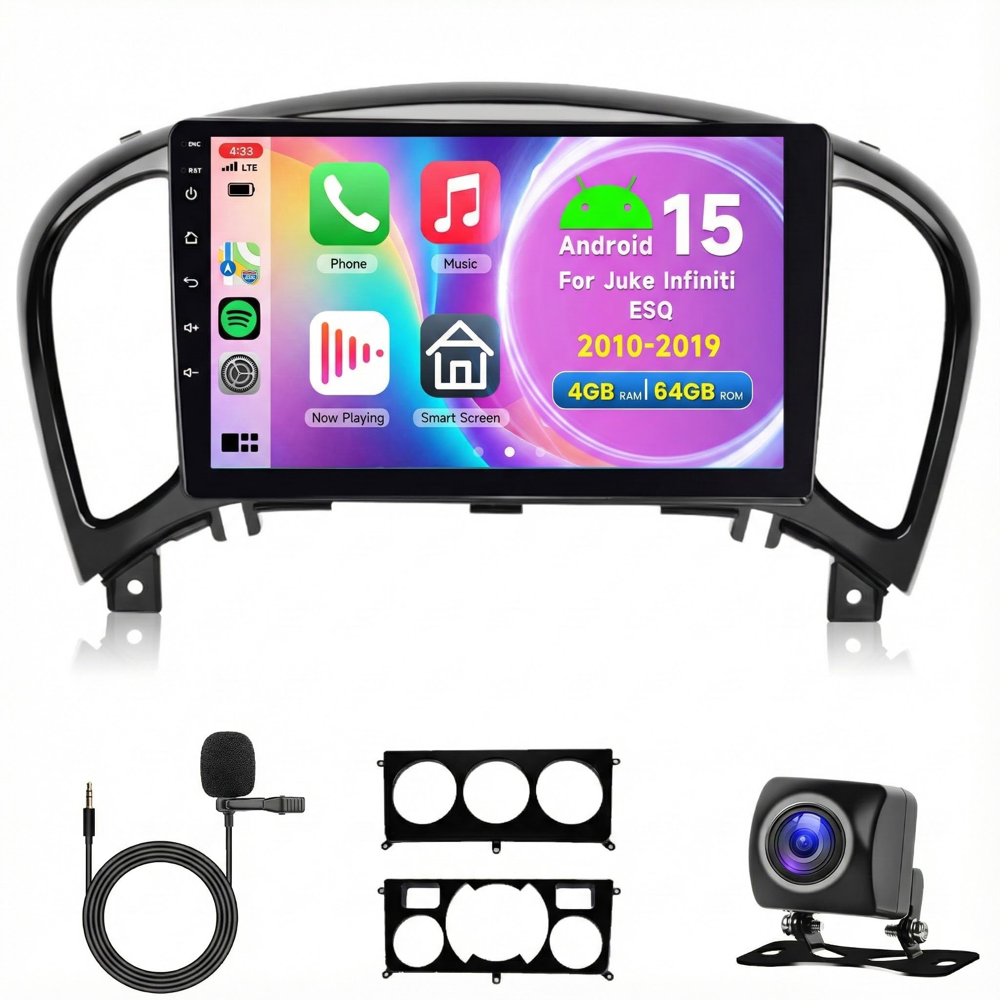 Hodozzy 4G+64G 8 Core Autoradio per Nissan Juke J15 2010-2019/YF15 Infiniti ESQ 2011-2017 Android 9 Pollici Touchscreen GPS Carplay Senza Fili Android Auto, Radio Bluetooth DSP WiFi RDS Telecamera