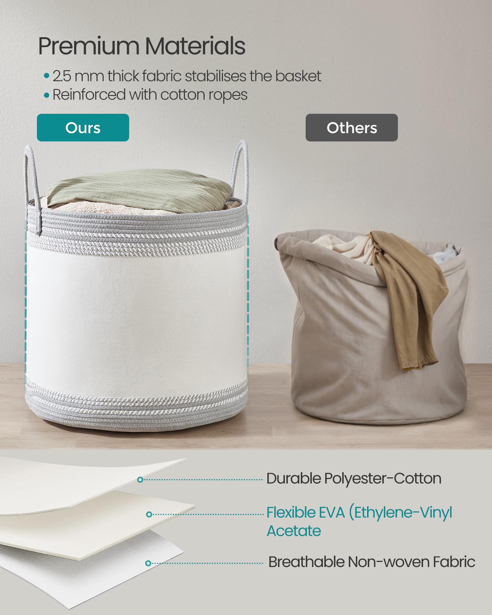 SONGMICS Laundry Basket, Laundry Hamper, Cotton Rope Storage Basket with Handles, for Blankets Living Room, Bedroom, 90 L - Image 3