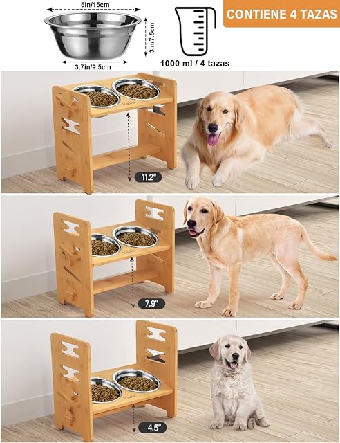Foto 2 de 6 de Vantic Comedero Elevado Perro Bambú, 7 Alturas Ajustables, Perros Grandes