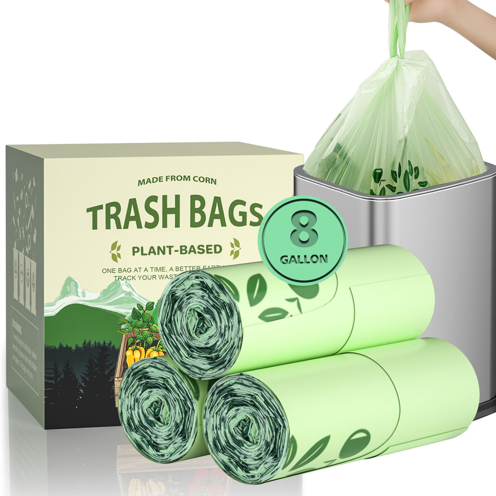 6-8 Gallon kitchen Trash Bags With Handle Tie 60 Packs, AYOTEE Medium TrashBags 8 Gallon Compost Bag 30L For Kitchen Trash Cans, Certified By ASTM D 6866 Unscented Bag for Compost Bin Green