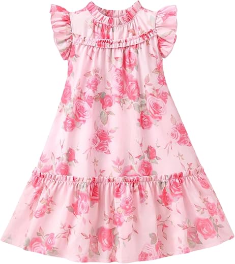 PAMBERSTON Flora Lifestyle Girls Pink Floral Printed A-Line Dress | Georgette Sleeveless Knee-Length Dress with Round Neck...