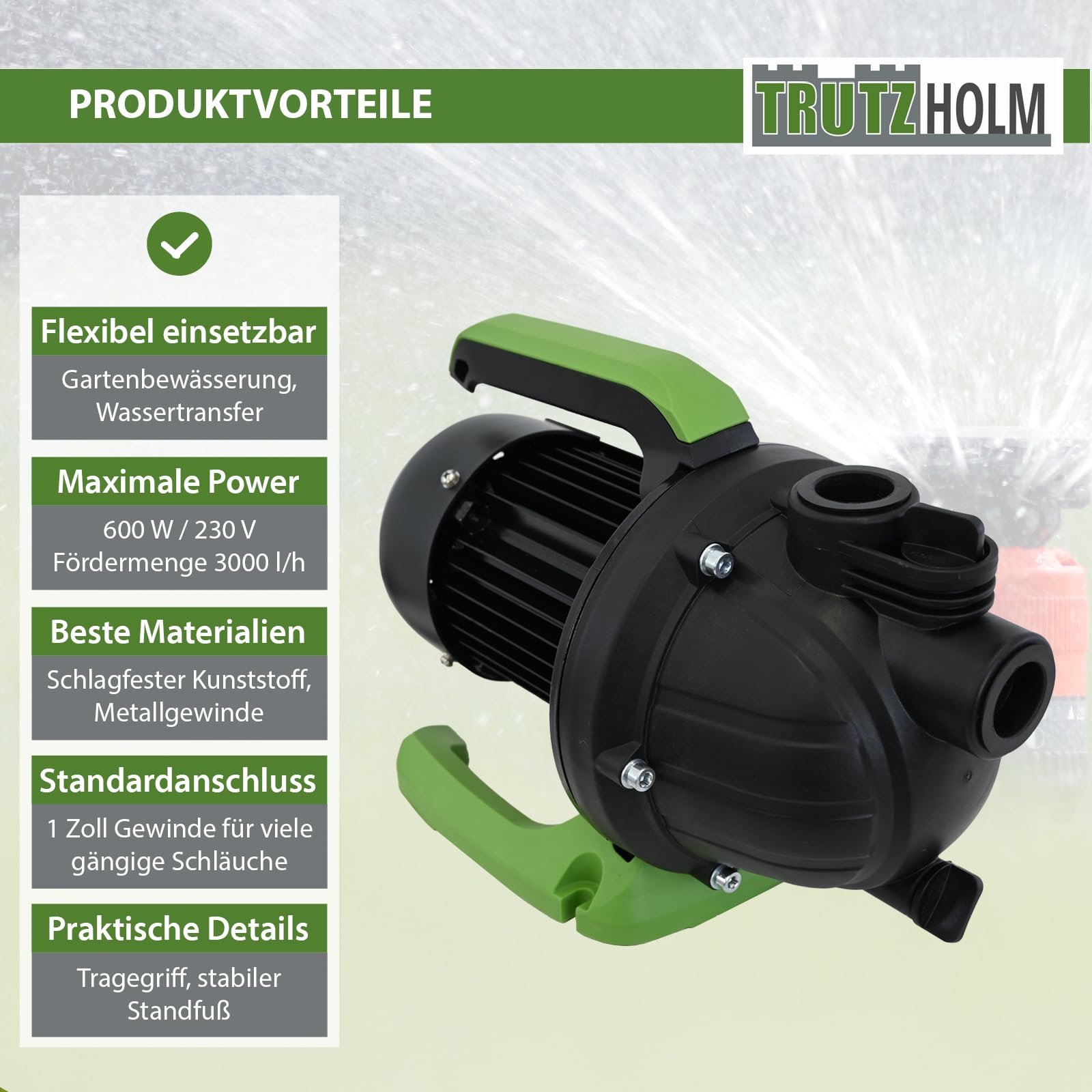 TRUTZHOLM Gartenpumpe 600 W 3000 l/h Förderhöhe 43 m Förderdruck max. 4,4 bar 1" Anschluss Jetpumpe Druckpumpe Saugpumpe zur Gartenbewässerung inkl. praktischem Handgriff und stabilem Pumpenfuß