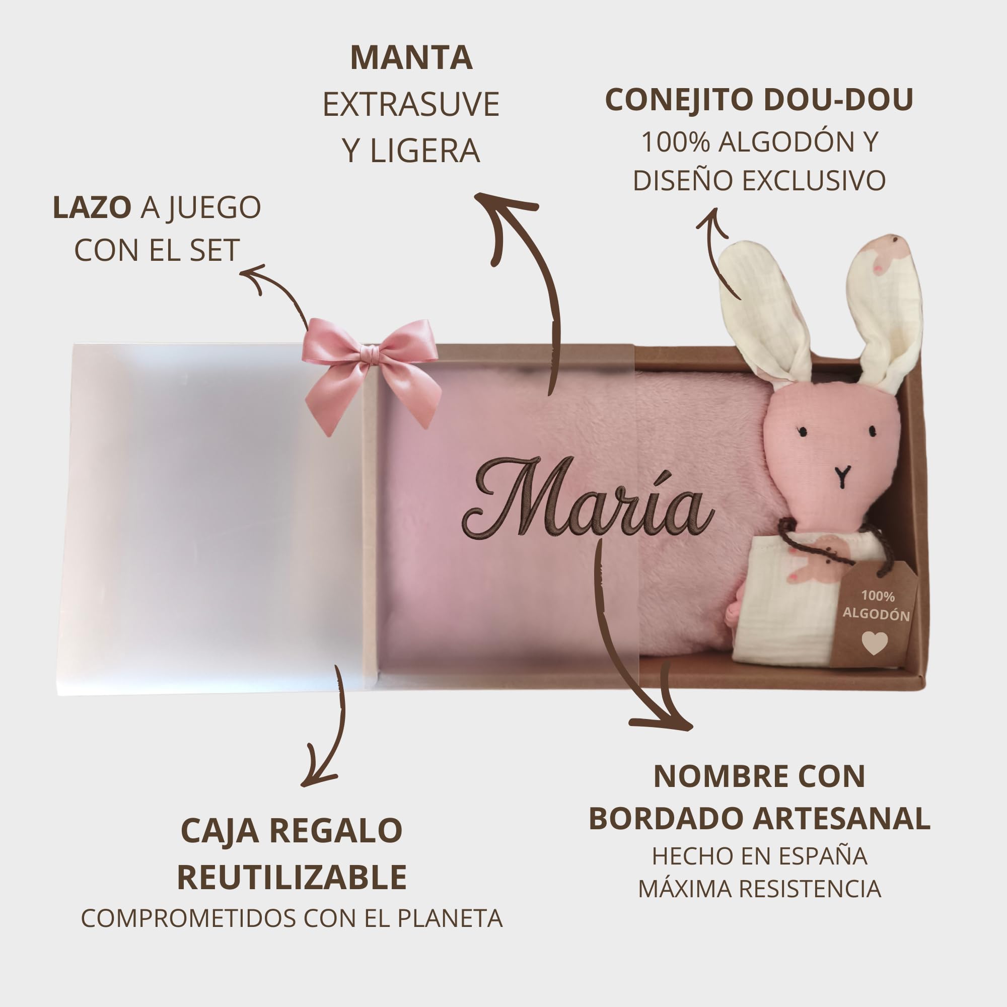Dalvitas Manta Bebé Personalizada Nombre Bordado + Dou-Dou 100% Algodón - Fina y Ligera para Verano. Regalo Recién Nacido Niño Niña - Manta Suave y Peluche - Regalo Padres y Mamás Primerizas (Rosa) - 4