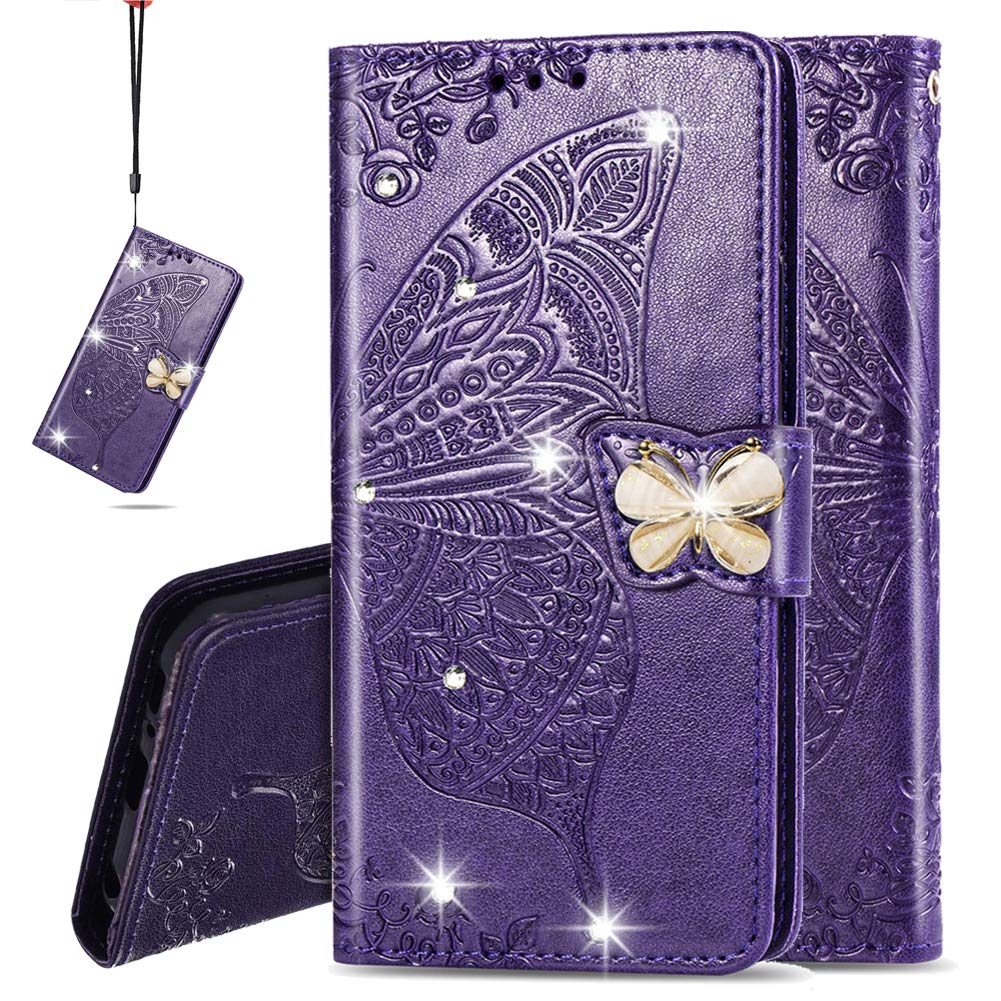 Wallet Case for Honor 200 Pro with Card Holder, Diamond Leather Magnetic Flip Kickstand Shockproof Protection Cover for Honor 200 Pro. Crystal Butterfly Purple SD