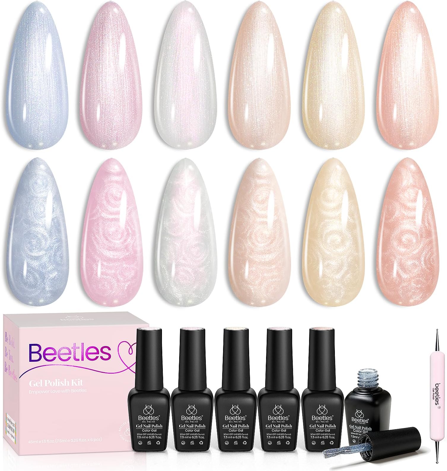 Beetles Pastel UV Nail Polish, 6 Colors, Pearl Pink Gel Polish, Shimmer, Mermaid, White, Pink, Blue, Swirl, Thread Effect, Glitter, Soak-Off UV Gel Nail Varnish