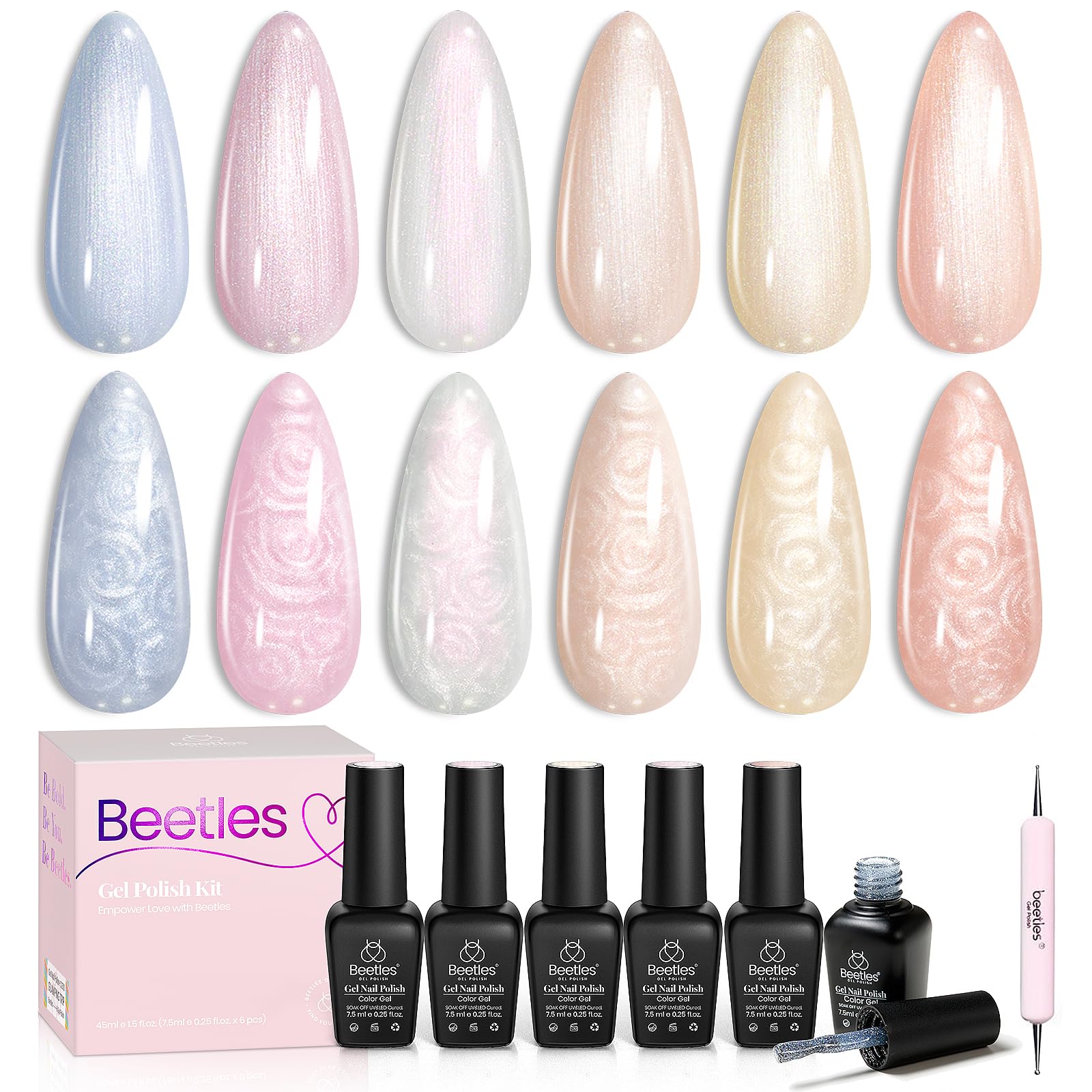 Beetles Pastel UV Nail Polish, 6 Colors, Pearl Pink Gel Polish, Shimmer, Mermaid, White, Pink, Blue, Swirl, Thread Effect, Glitter, Soak-Off UV Gel Nail Varnish
