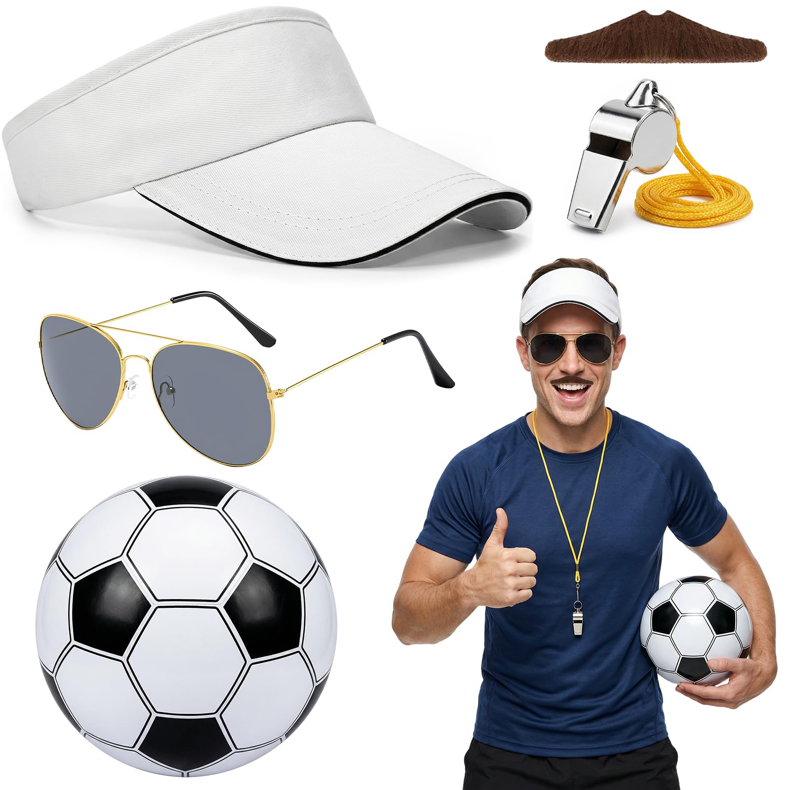 Athora 5Pcs Soccer Coach Costume Accessories Set for Adults, Football Coach Costume Set with Sunglasses, Visor Hat, Whistle, Fake Mustache, Inflatable Ball, Halloween Soccer Coach Fancy Dress