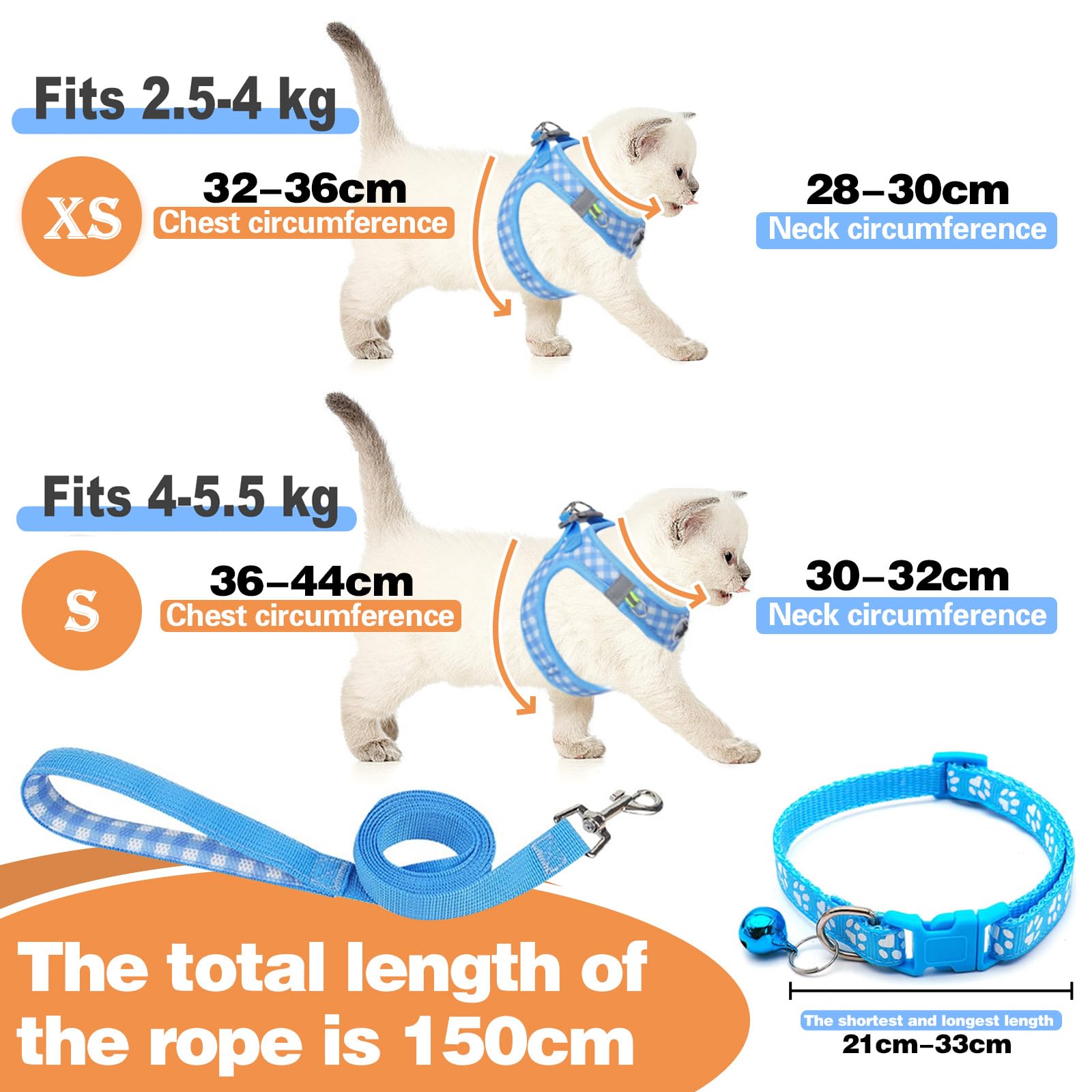 VINEST Cat Harness and Lead Set, Soft Mesh, Escape Proof, Reflective, Adjustable, 150cm Leash, Blue, XS (2.5-4kg), 1 Count - Image 2