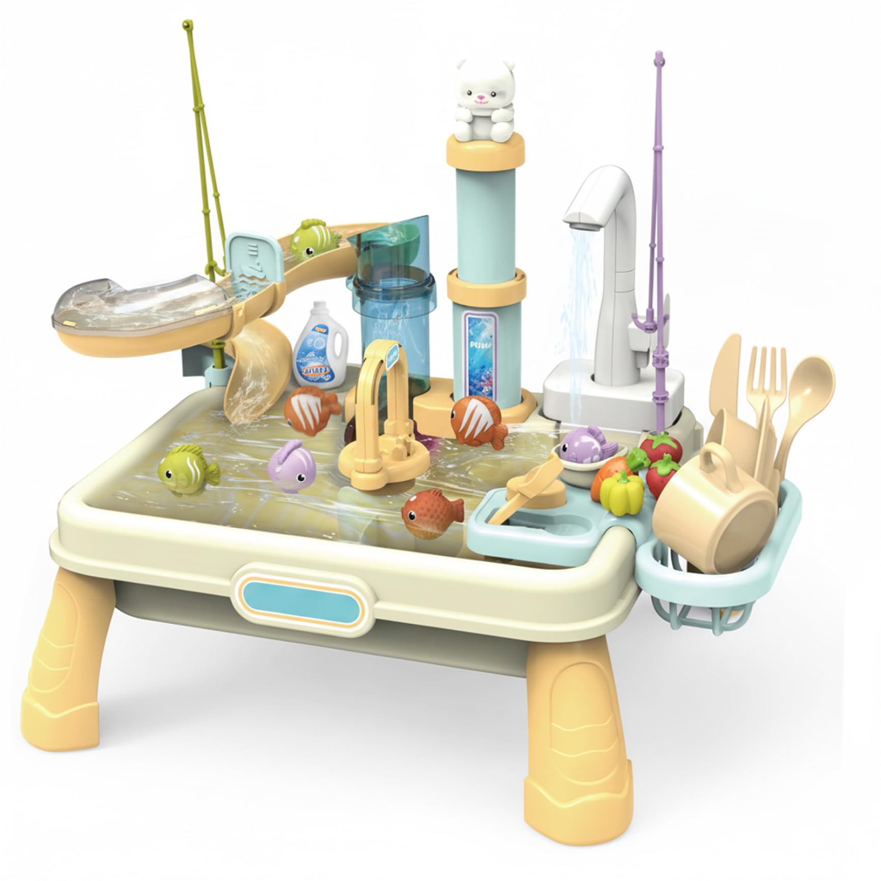 Mesa de Agua para niños, Mesa de Juegos de Agua con Fregadero eléctrico y Juego de Pesca, Juguete de Cocina para niños de 1 a 3 años con Accesorios, Color Beige