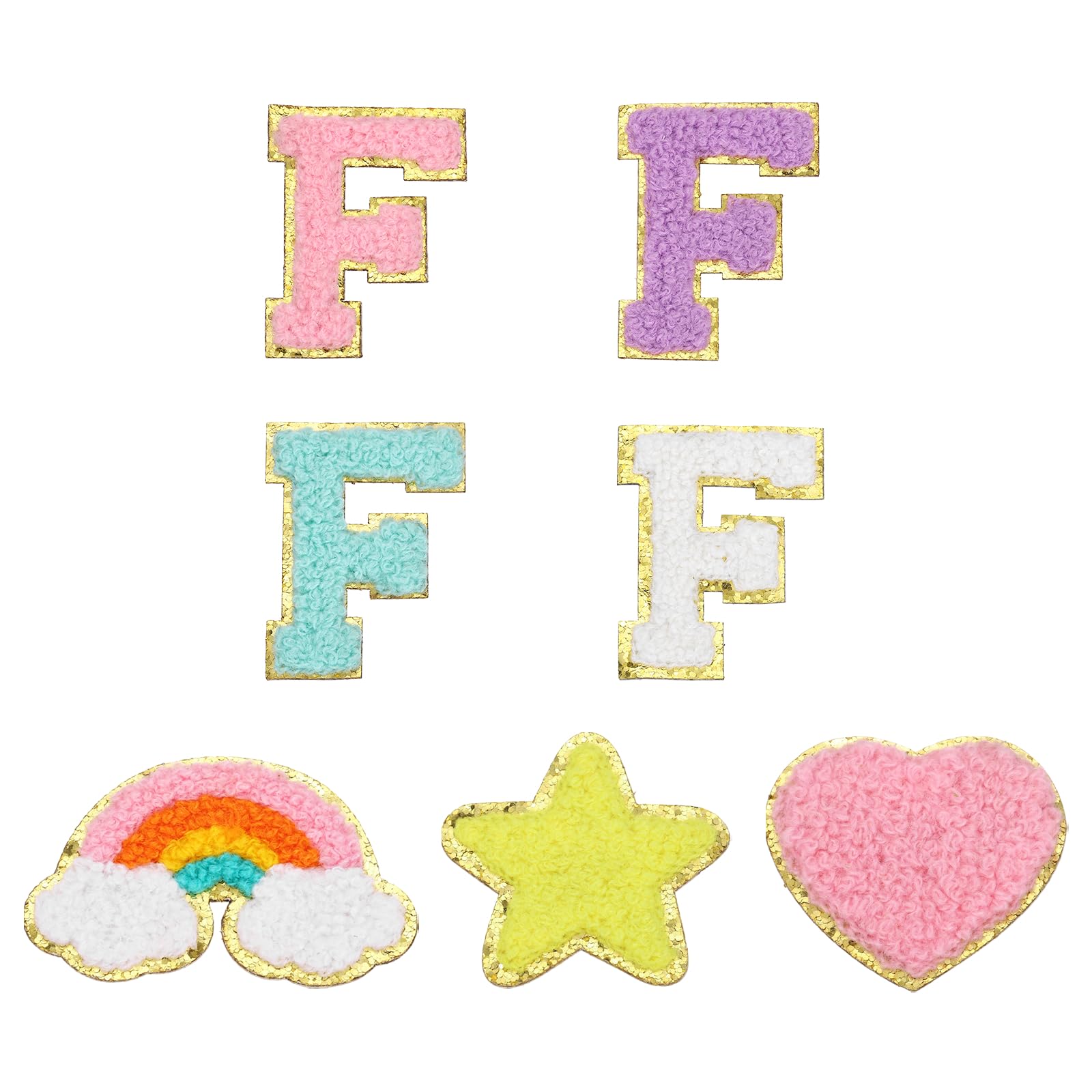 sourcing map 7 Pcs Chenille Patches 2 Inch Letter-F Adhesive Sew or Iron-on Applique Patching with Rainbow Star Heart Smile Embroidered Stickers for DIY Fabric Clothing Hat Bag Shoes