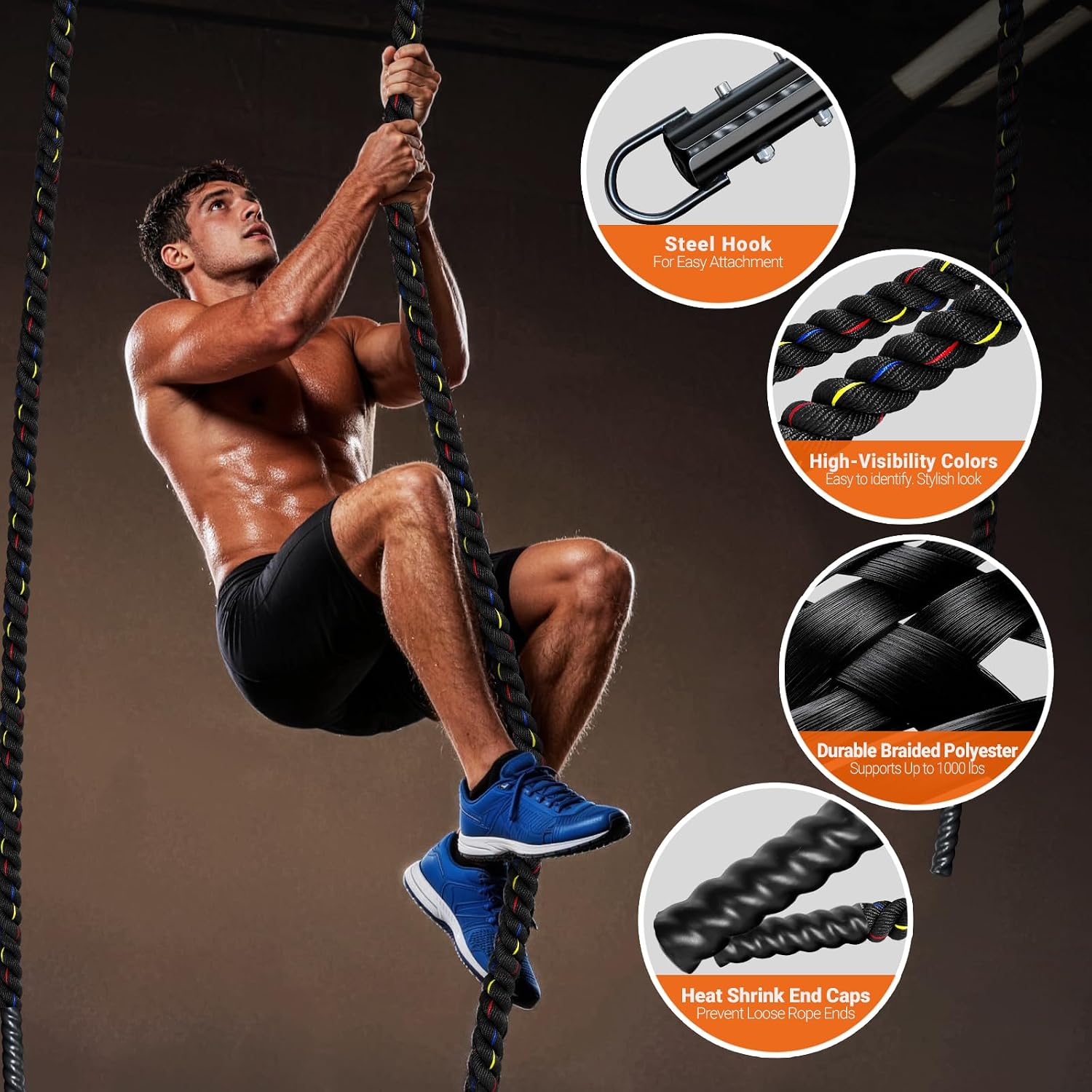 Workout Fitness Climbing Rope 10FT 15FT 20FT 25FT 30FT, 1.5" Diameter Gym Climbing Rope for Strength Training,Exercise Climbing Rope for Adults Outdoor Indoor