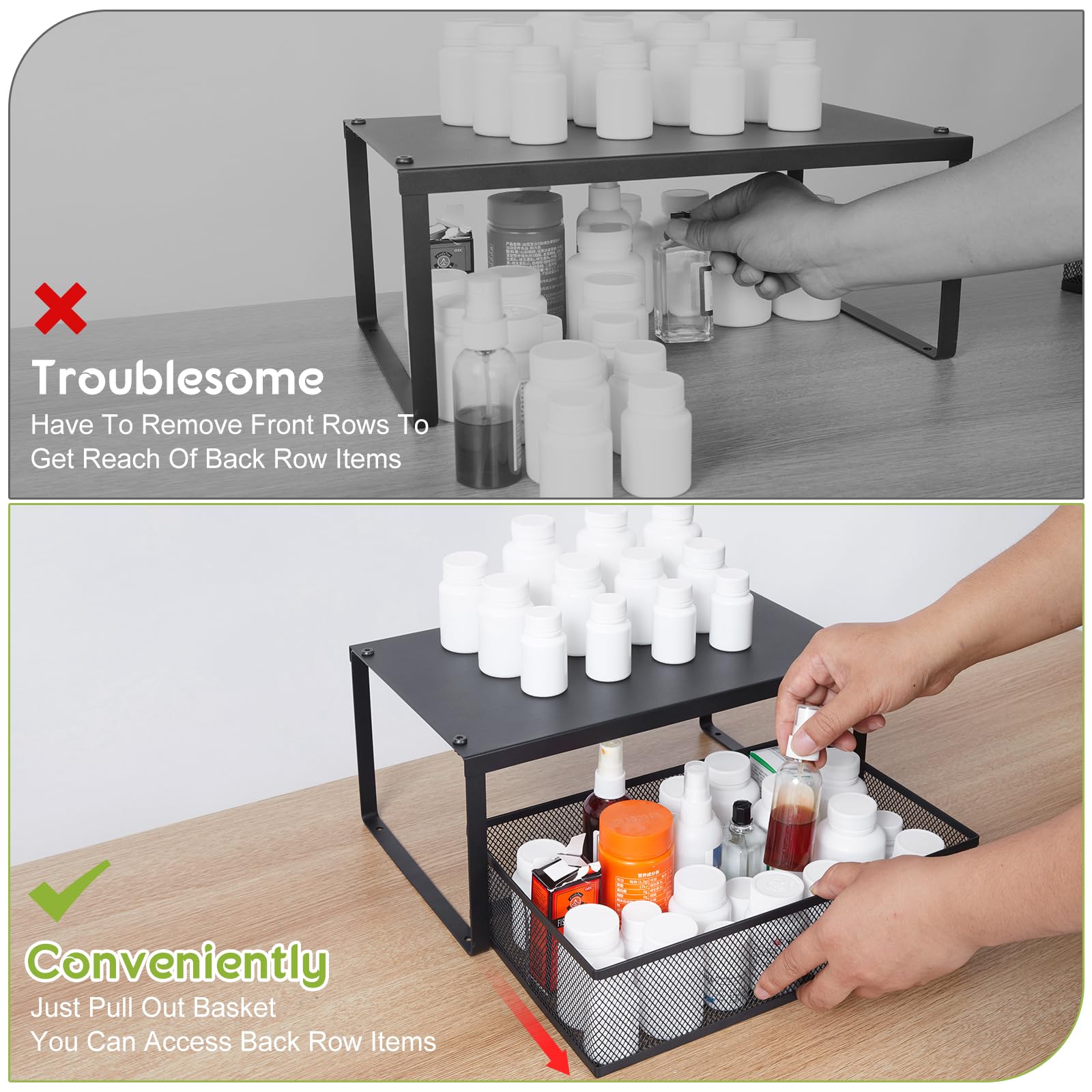 Set Of 4 Cabinet Organizer Shelf, 2 Pack Stackable Expandable Cabinet Organizers Shelves With 2 Storage Baskets, Storage Shelves Organizers Stands Racks For Cabinet Cupboard Pantry Kitchen Countertop