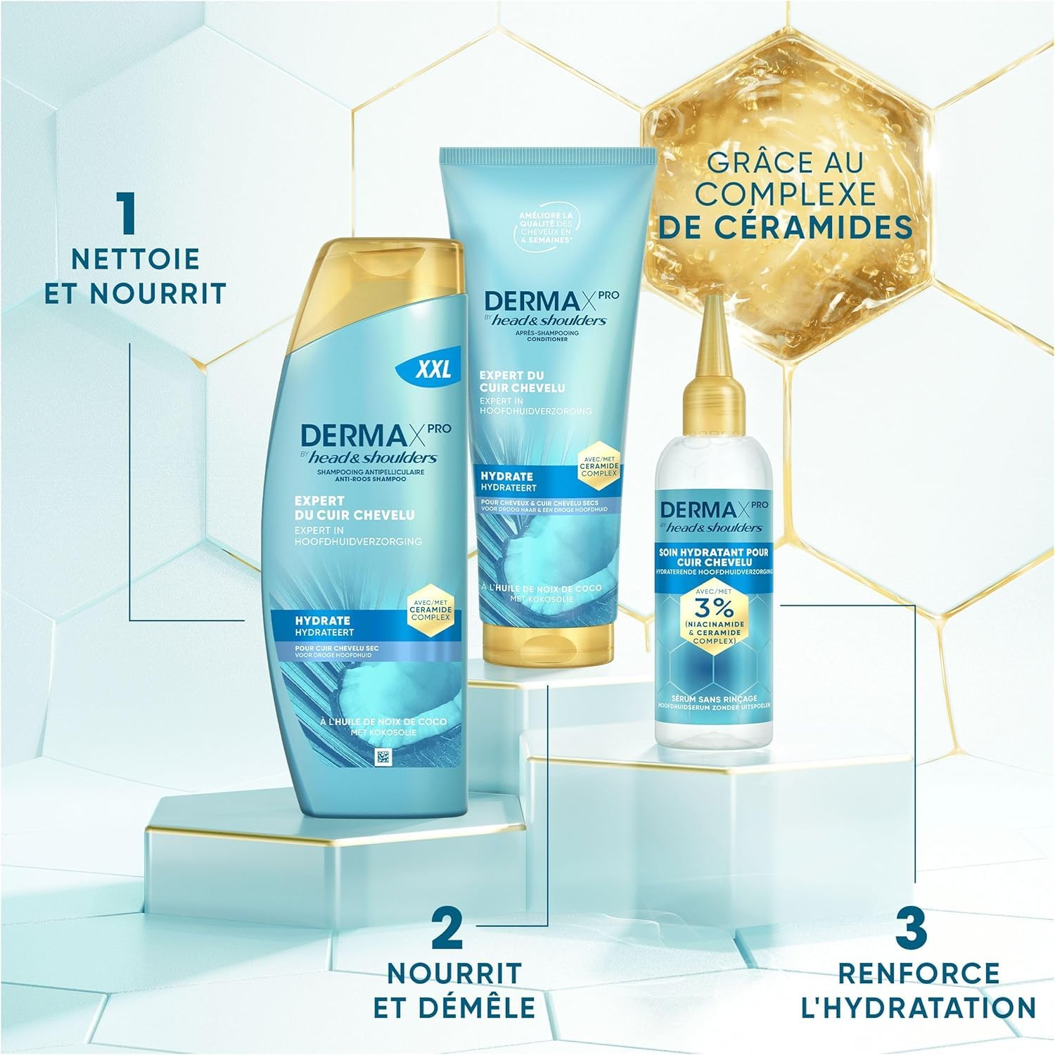 Head & Shoulders DermaXPro Hydrate Shampoing Antipelliculaire 2x500ml Avec Huile De Coco Et Complexe De Céramides, Cuir Chevelu Sec, Aide À Renforcer La Barrière Cutanée, 72H D’Hydratation