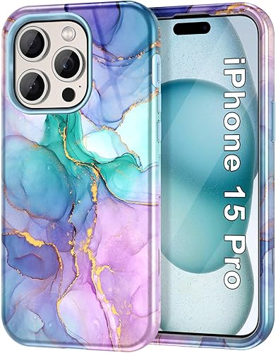 Btscase Funda para iPhone 15 Pro de 6.1 pulgadas (2023), patrón de mármol 3 en 1, resistente a prueba de golpes, cuerpo completo, policarbonato disponible en Yaxa Peru