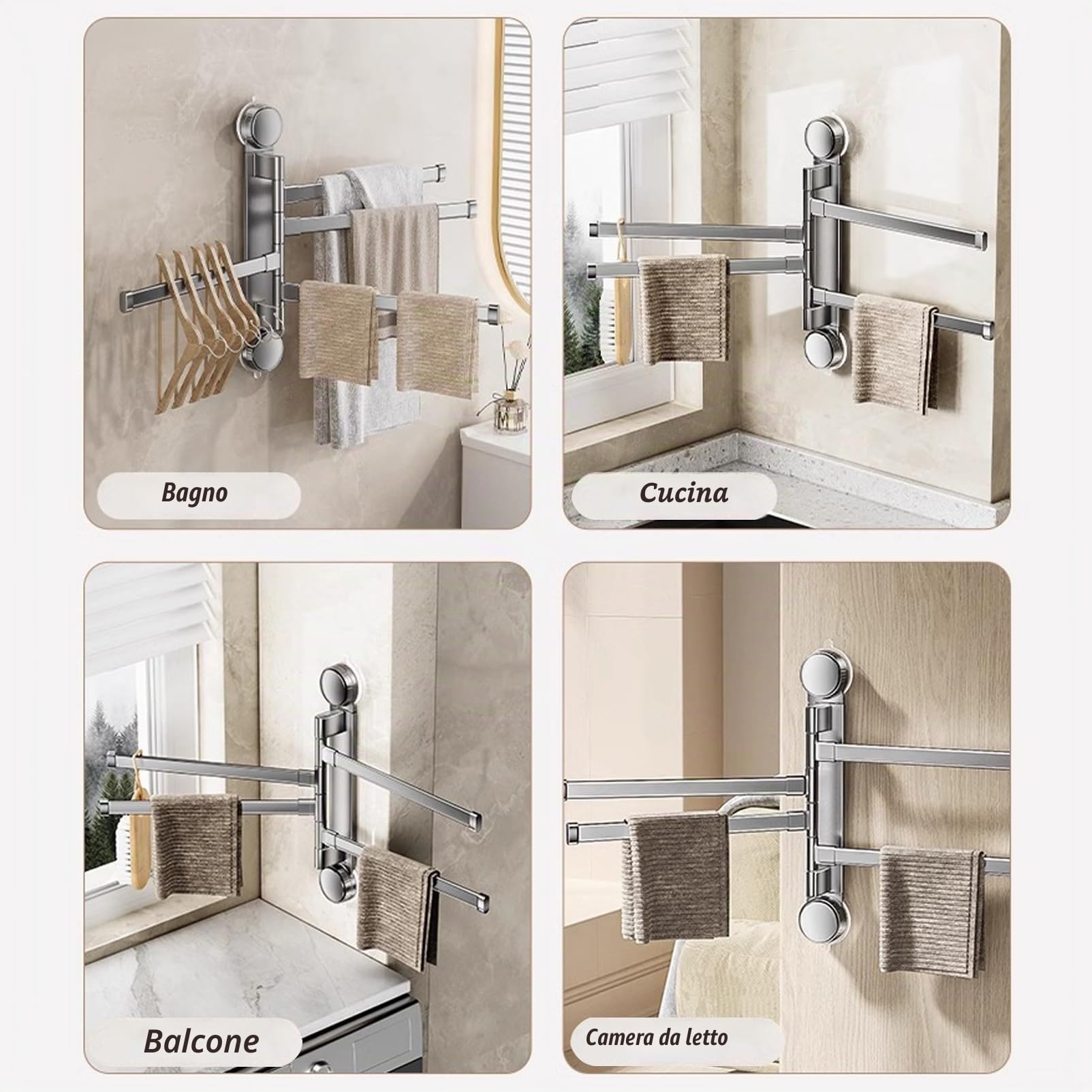 Portasciugamani Girevole in Alluminio,Portasciugamani Ventosa a Parete Porta Asciugamani per Bagno Senza Foratura,Con 2 Braccia Girevoli Porta Salviette,Per Balcone,WC