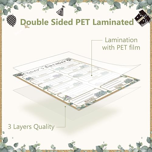 Miniatura 4 de Cartel de feliz cumpleaños, 2 piezas, decoraciones de eucalipto para aula, calendario de cumpleaños, tablón de anuncios de cumpleaños suculenta para