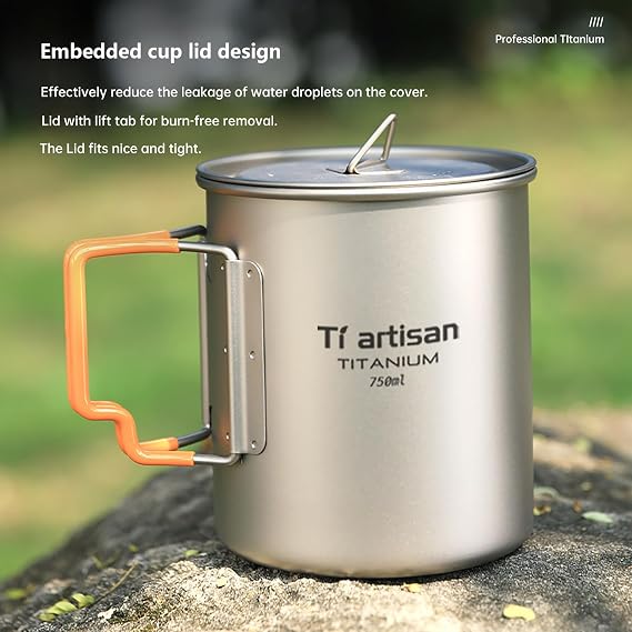 Ti artisan Titanium Cup Camping Pot Ultralight Titanium Mug 750ML Camping Cup Titanium Pot with Foldable Handles and Lid for Outdoor Camping Hiking Backpacking (750ML)
