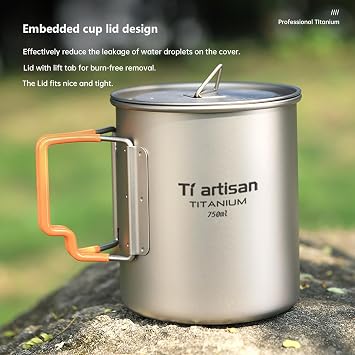 Ti artisan Titanium Cup Camping Pot Ultralight Titanium Mug 750ML Camping Cup Titanium Pot with Foldable Handles and Lid for Outdoor Camping Hiking Backpacking (750ML)