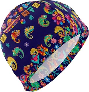 Dallonan Swimming Cap Chameleon Maxican Cinco De Mayo Flowers Colorful Adult Swim Cap Polyester