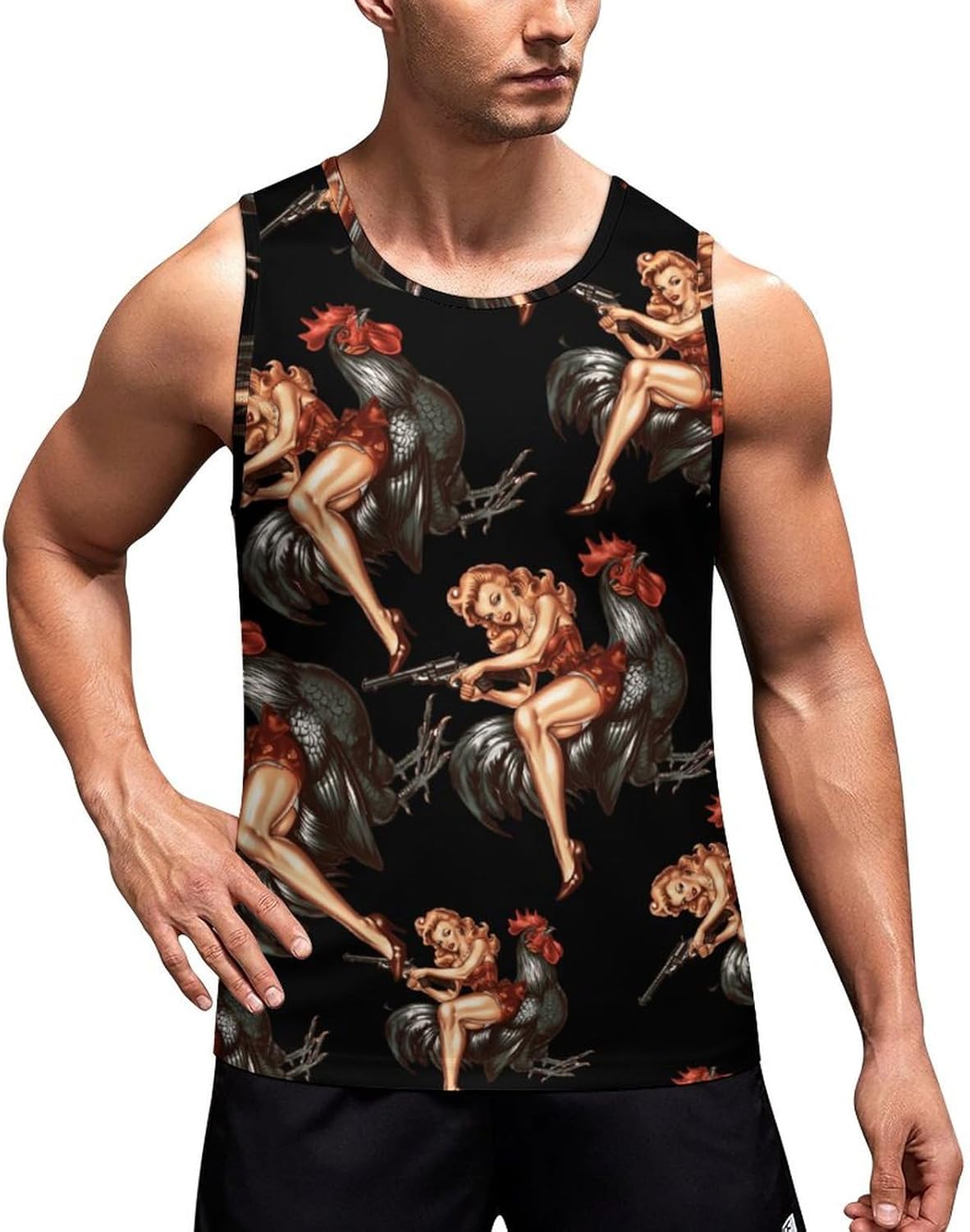 Pinup Girl Riding Chicken Rooster Gun Men's Tank Top Sleeveless Muscle Shirts Vest Beach T Shirts for Workout Gym