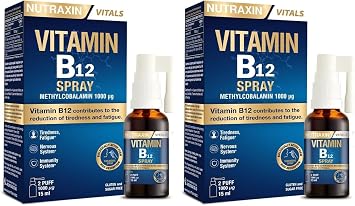 Nutraxin Vitamin B12 Sprey 1000 µg Metilkobalamin, Yüksek Emilim, Vegan Uyumlu, Ağız Yoluyla Takviye Edici Gıda, 15 ml (2 paketi)
