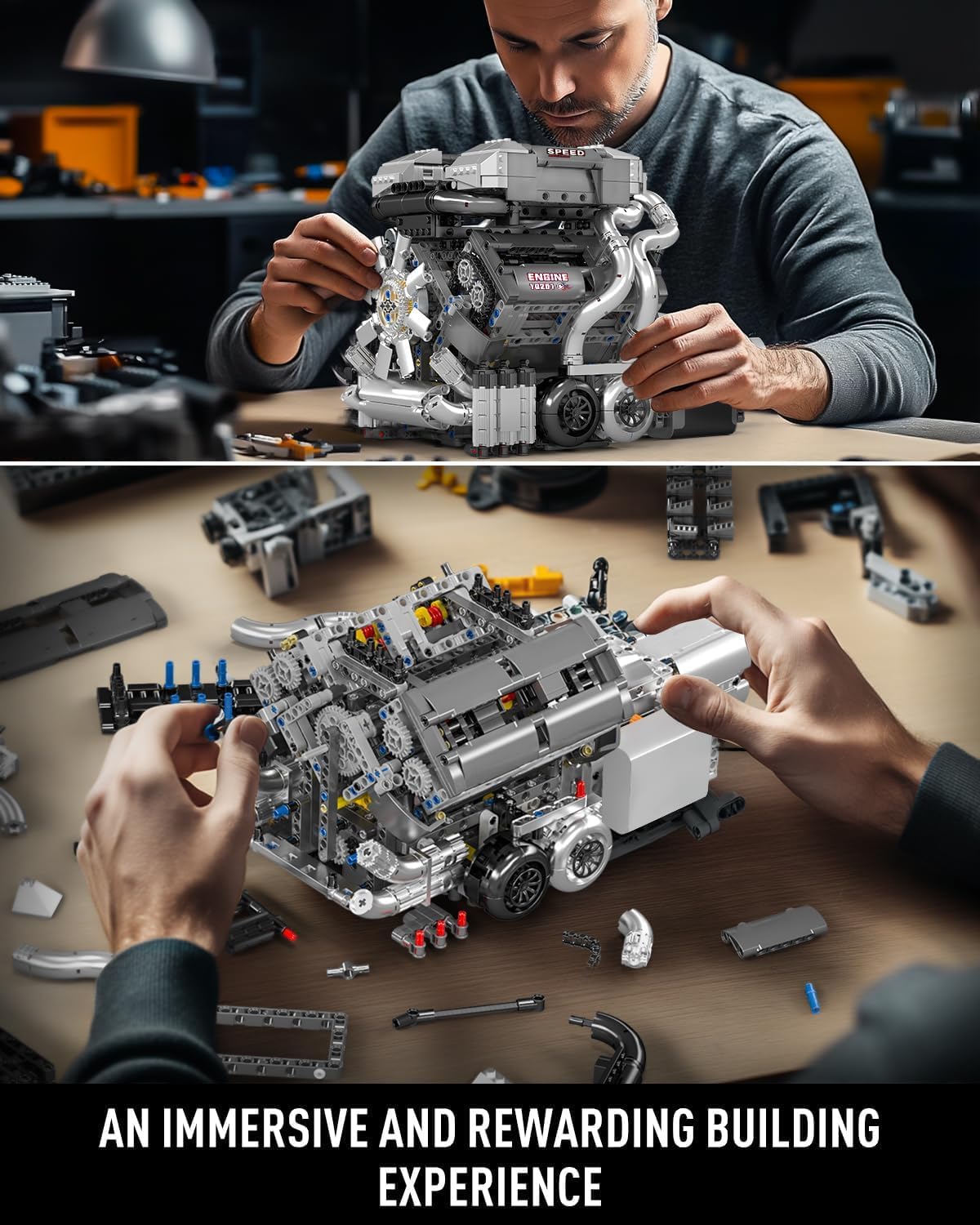Mould King 10201 W16 Engine Model Kit, MOC Bug Supercar Engine Model with Battery and Motor, Collectable 16-Cylinder Car Engine Transmission, Shiftable Gear Operation for Adults (2024+ PCS)