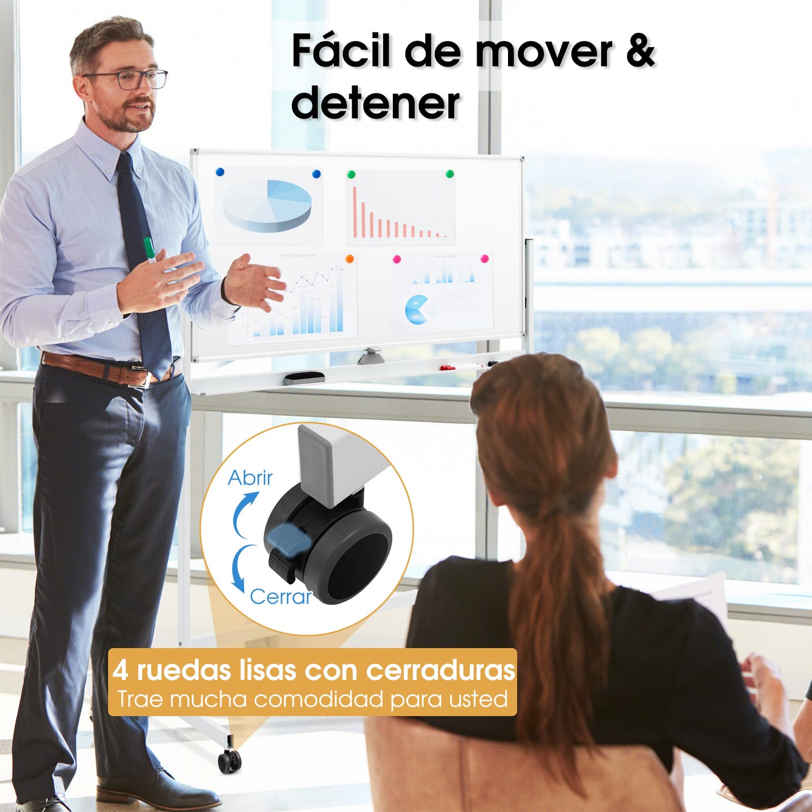 GOPLUS Pizarra Blanca Altura Ajustable en 2 Posiciones, Pizarra Blanca Magnética Giratoria de 360° con 4 Ruedas Universales, Tabla Borrable de 120x60 cm, para Escuela, Sala de Reuniones (Blanco)