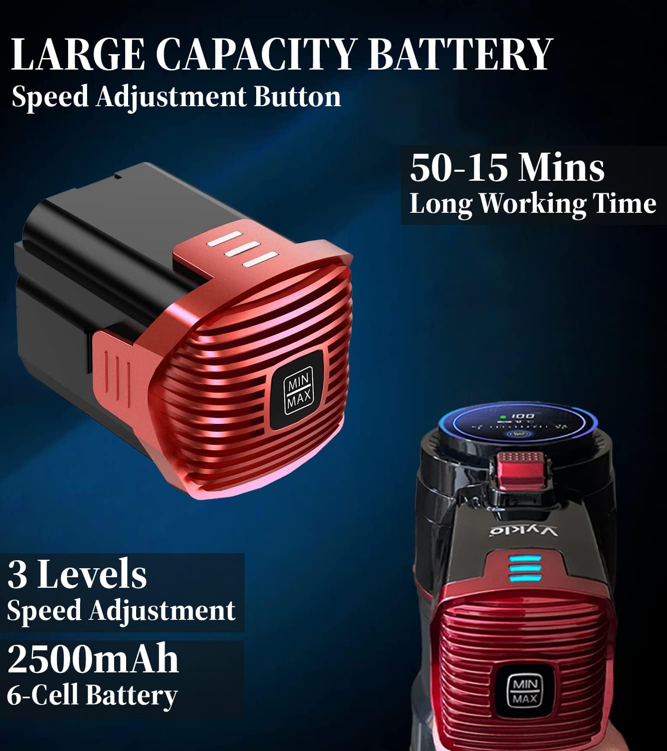 V-R8 Vacuum Replacement Rechargeable Battery, 2500mAh 22.2V 55.5Wh, Lithium Ion, Cordless Vacuum Cleaner Lightweight Stick, Up to 50 Min Runtime, Red (NOT for V-S12)