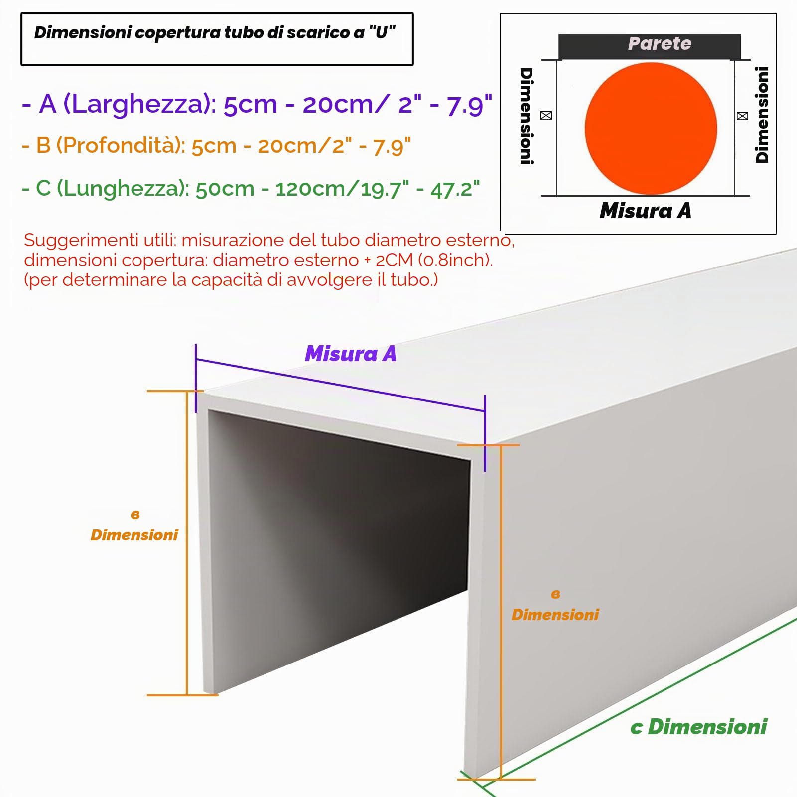 Copertura per tubi in PVC per parete, 50-119 cm, per tubi sotto il lavello, per cucina e bagno, canale quadrato, correttore per canalizzazione cavi