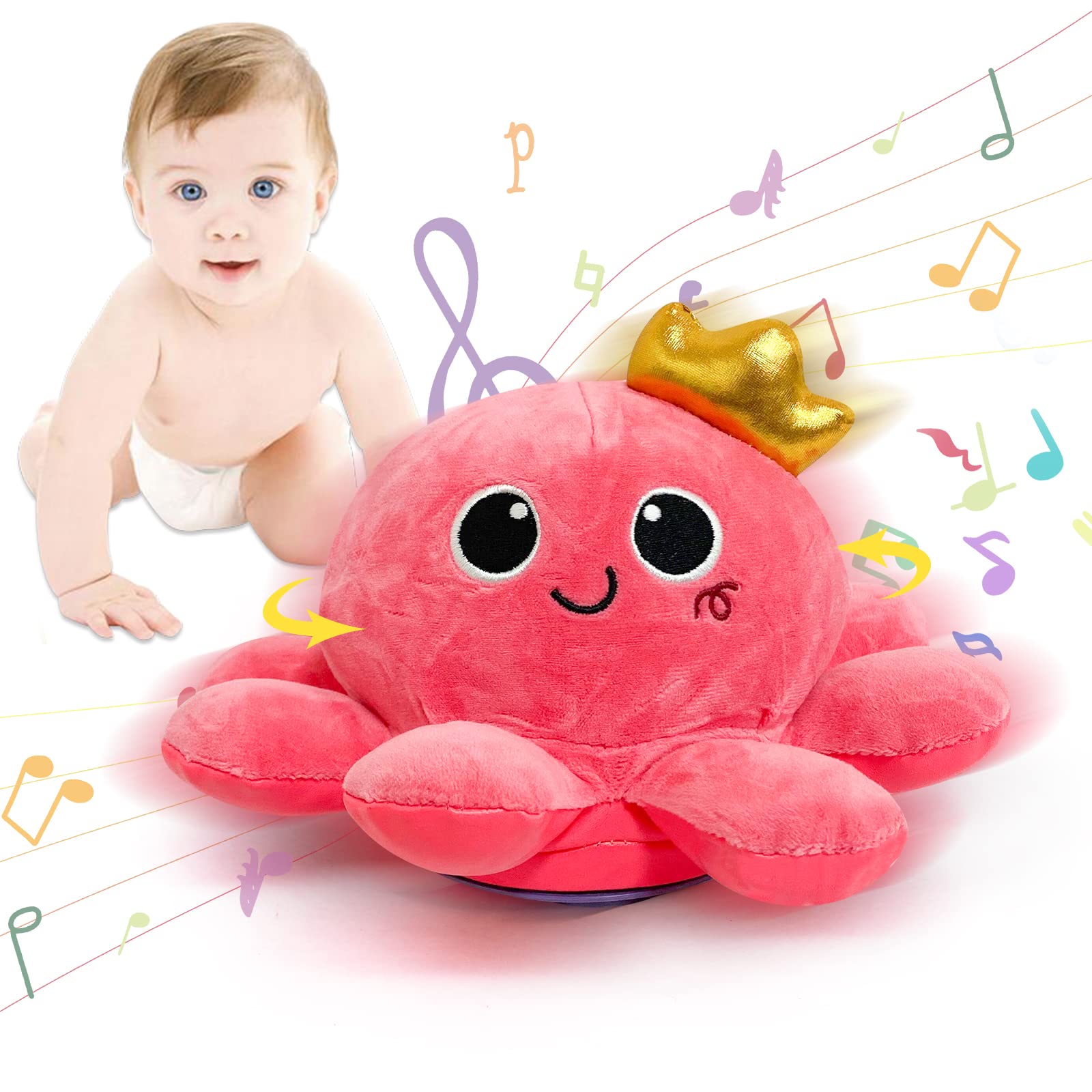 Crawling Plush Octopus Baby Toys,Spinning Walking Recording Baby Musical Toy with Light & Voice Control Sound Toys Gifts for Toddlers over 6 12 18 Months-pink