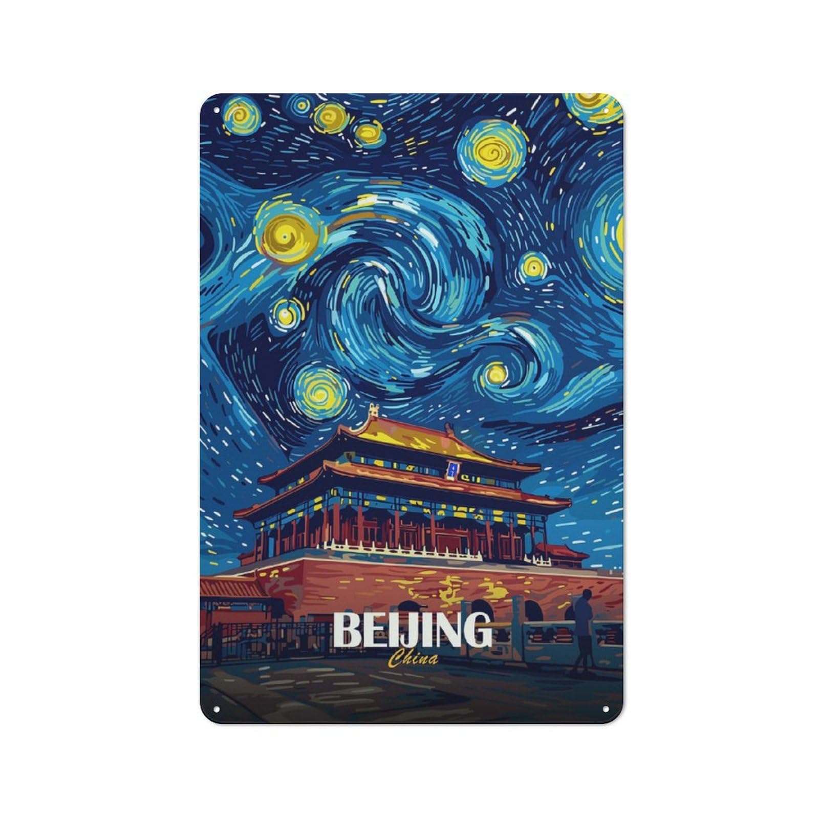 Junmoney Style-13 Beijing China Starry Night Art Rustic Metal Sign 30X20cm For Pub Or Café, For Collectors Of Rustic Metal Wall Decor