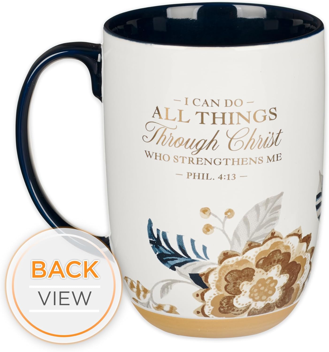 Christian Art Gifts Large Ceramic Coffee & Tea Scripture Mug for Women: All Things Through Christ Encouraging Gold Bible Verse, Non-toxic Cute Brown & Blue Floral Cup, Creamy White & Dark Blue, 15 oz. - Image 2