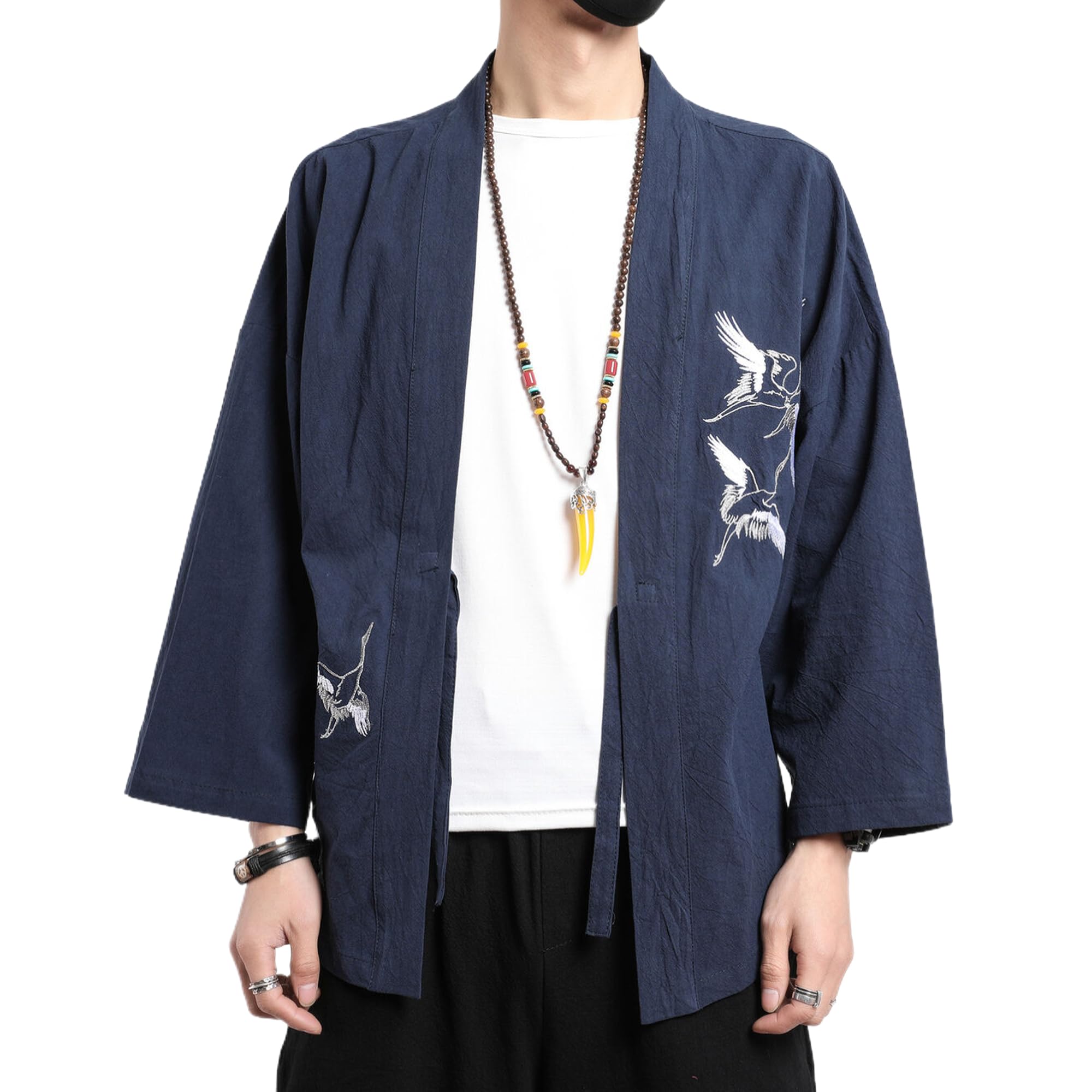 Men's Japanese Kimono Cardigan Loose Cotton Linen 3/4 Sleeve Open Front Casual Summer Shirt Jackets