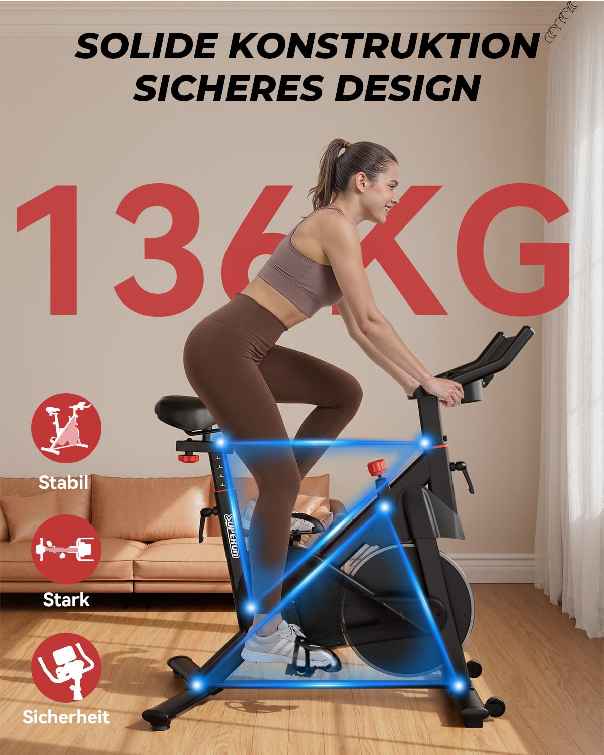Heimtrainer Fahrrad mit APP, Superun Ergometer Spinning Bike Indoor mit Verstellbarem Widerstand, 15KG Schwungrad, Ultraleise für Kardio-Training zu Hause.Vor Ort erlebbar & reparierbar