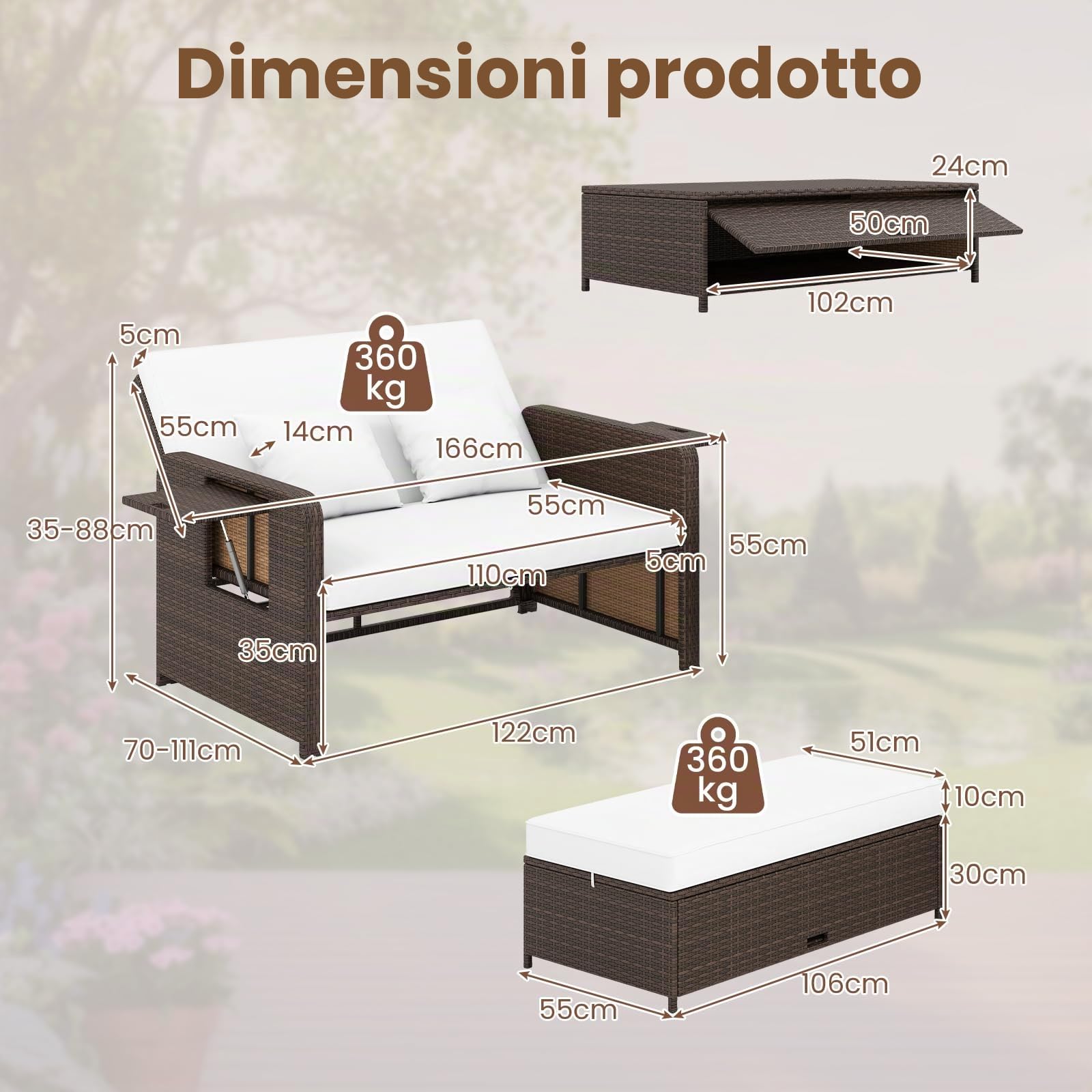 GIANTEX Divano da Giardino in Rattan con Poggiapiedi, Doppio Divano da Esterno con Schienale Regolabile, Mobili da Giardino per Terrazza, Balcone, Cortile