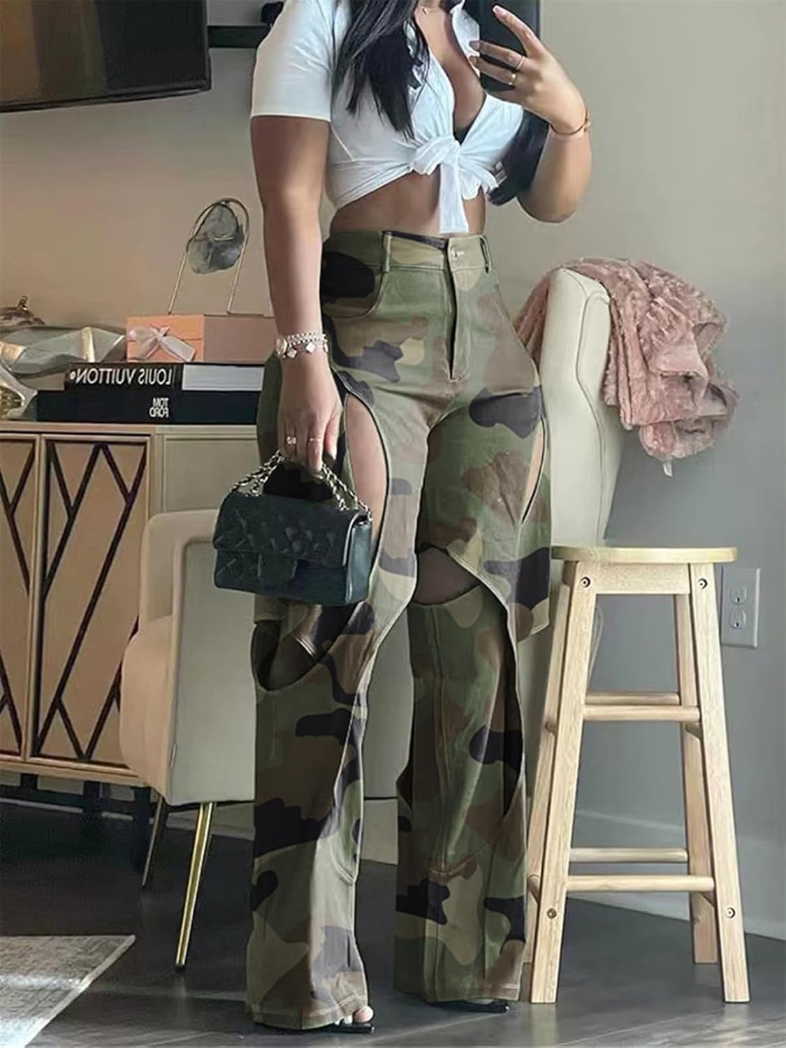 Lucuna Women's Camo Cargo Pants High Waist Y2K Baggy Cut Out Straight Leg Casual Trousers Streetwear - Image 3