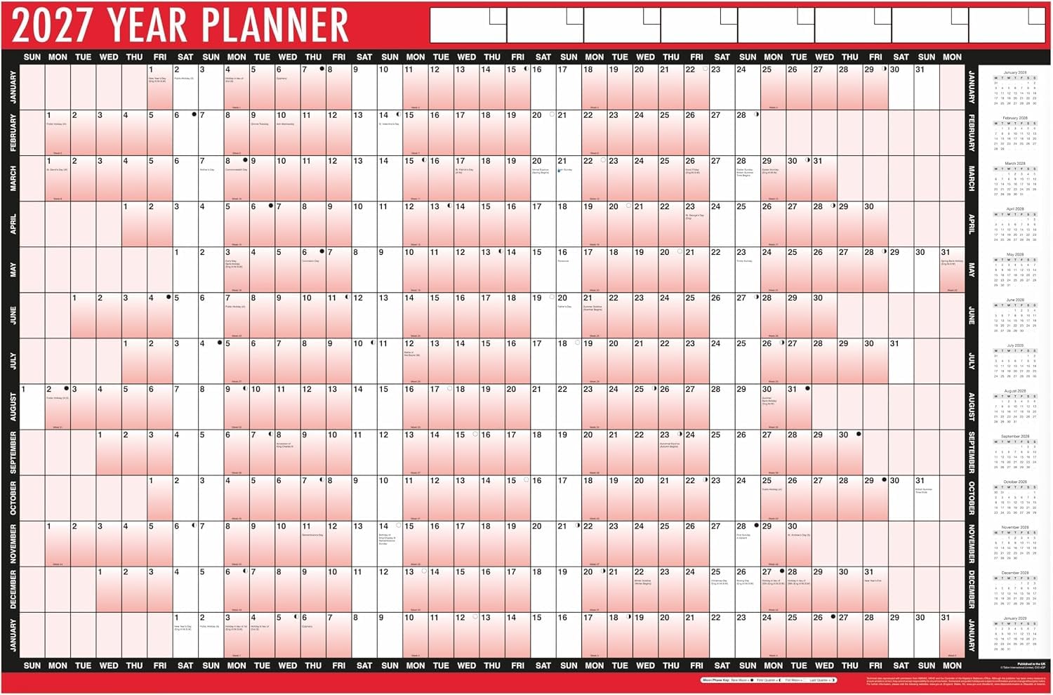 2027 Wall Planner A1 Large 85cm x 58cm Laminated Year Planner Calendar with Dry Wipe Pen & Adhesive Dots | Year-at-a-Glance Wall Planner for Home, Office & Family Organisation | UK Holidays