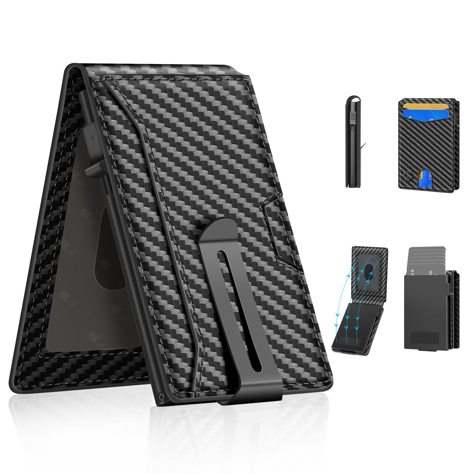 SMART CC Mens Wallet Card Holder,Pop Up Wallet, Bifold Card Holder, ID Window, Cash Money Strap, Gifts for Men Valentines Day (CarbonBlack1)