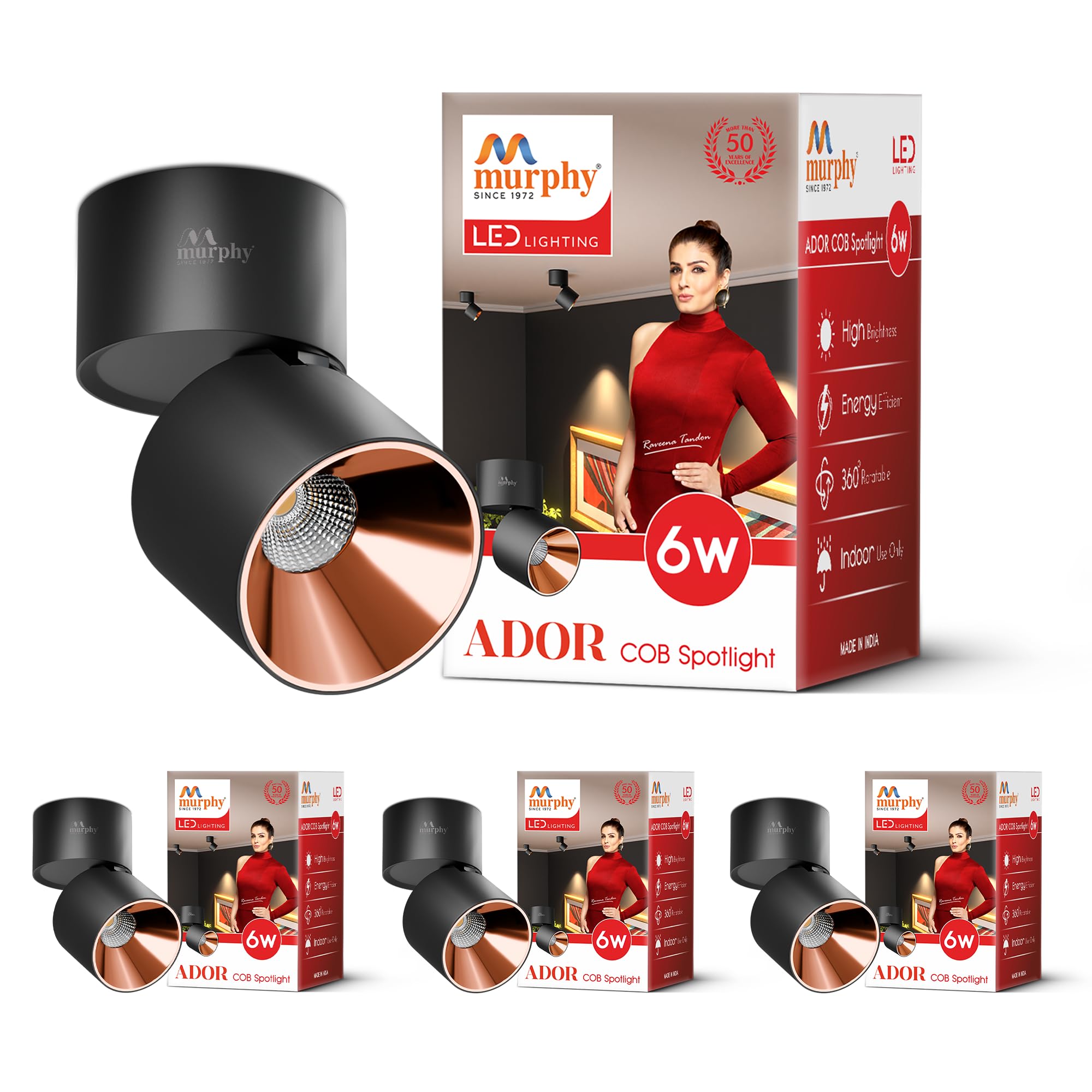 Murphy Ador 6W LED Surface COB Spot Light | Rose Gold Reflector | Warm White | 360° Rotatable & 90° Adjustable | Aluminium Body | 4kV Surge Protection | BIS Approved | 2 Year Warranty | Pack of 4