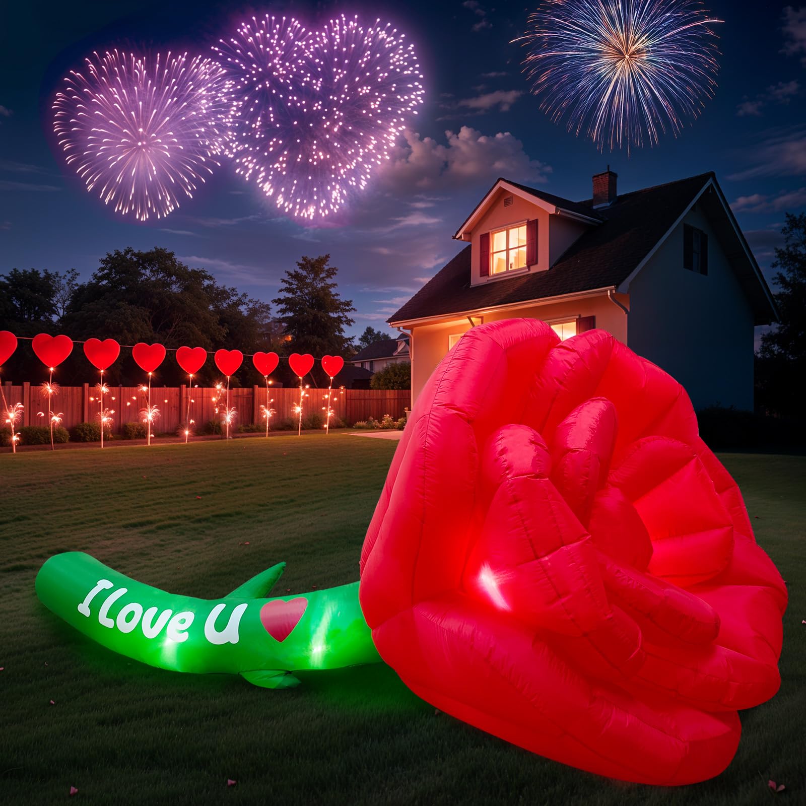 AerWo 12FT Valentines Day Inflatables Outdoor Decorations, Giant Inflatable Rose with I Love You Sign, Valentines Blow Up Yard Decorations with Built-in LEDs for Valentine's Day Party Decor Gifts