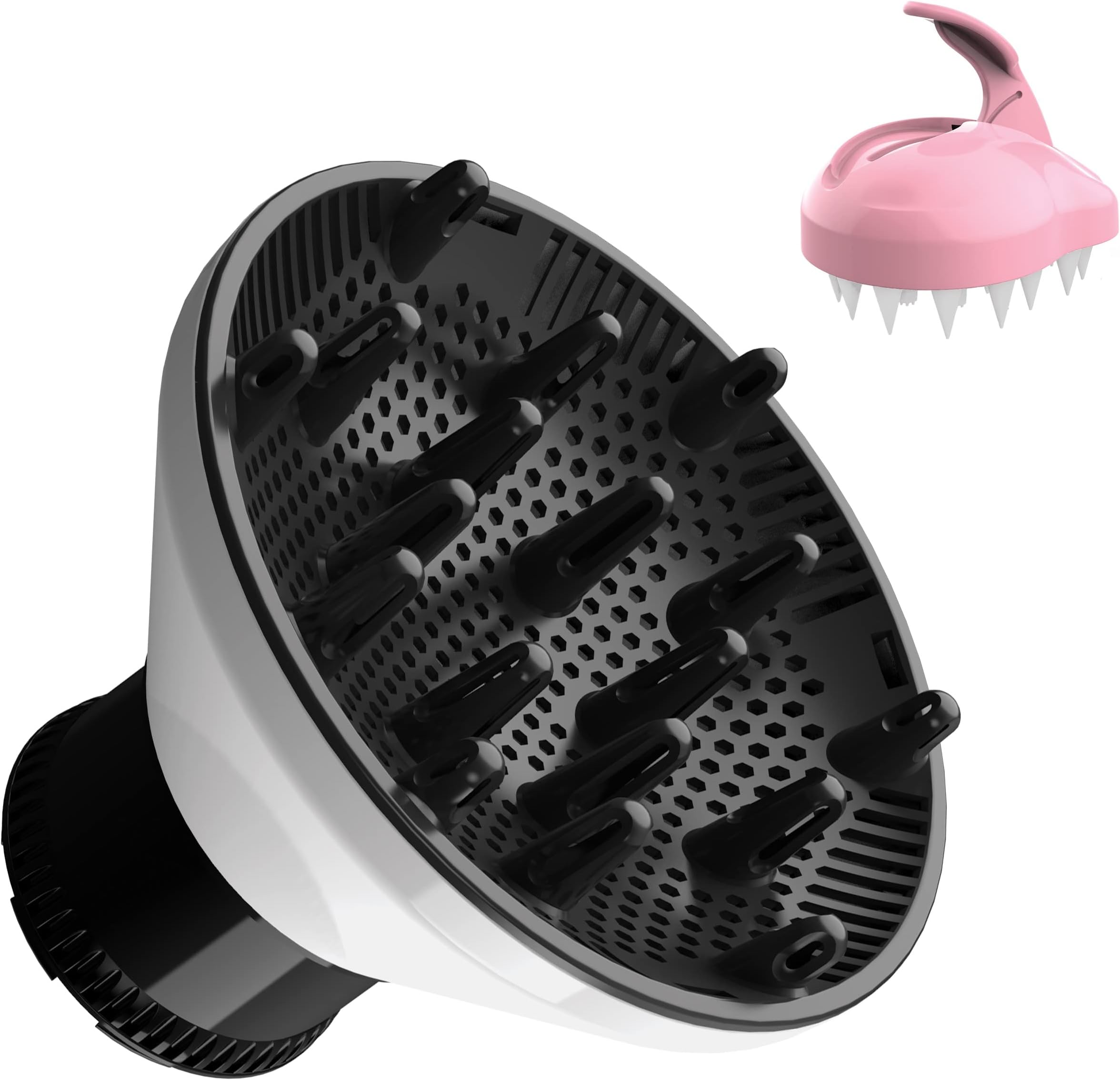 Universal Hair Diffuser Attachment for Blow Dryers with 1.5-inch to 2.4-inch for Curly & Wavy Hair, Professional Hair Dryer Diffuser with Shampoo Brush (White)