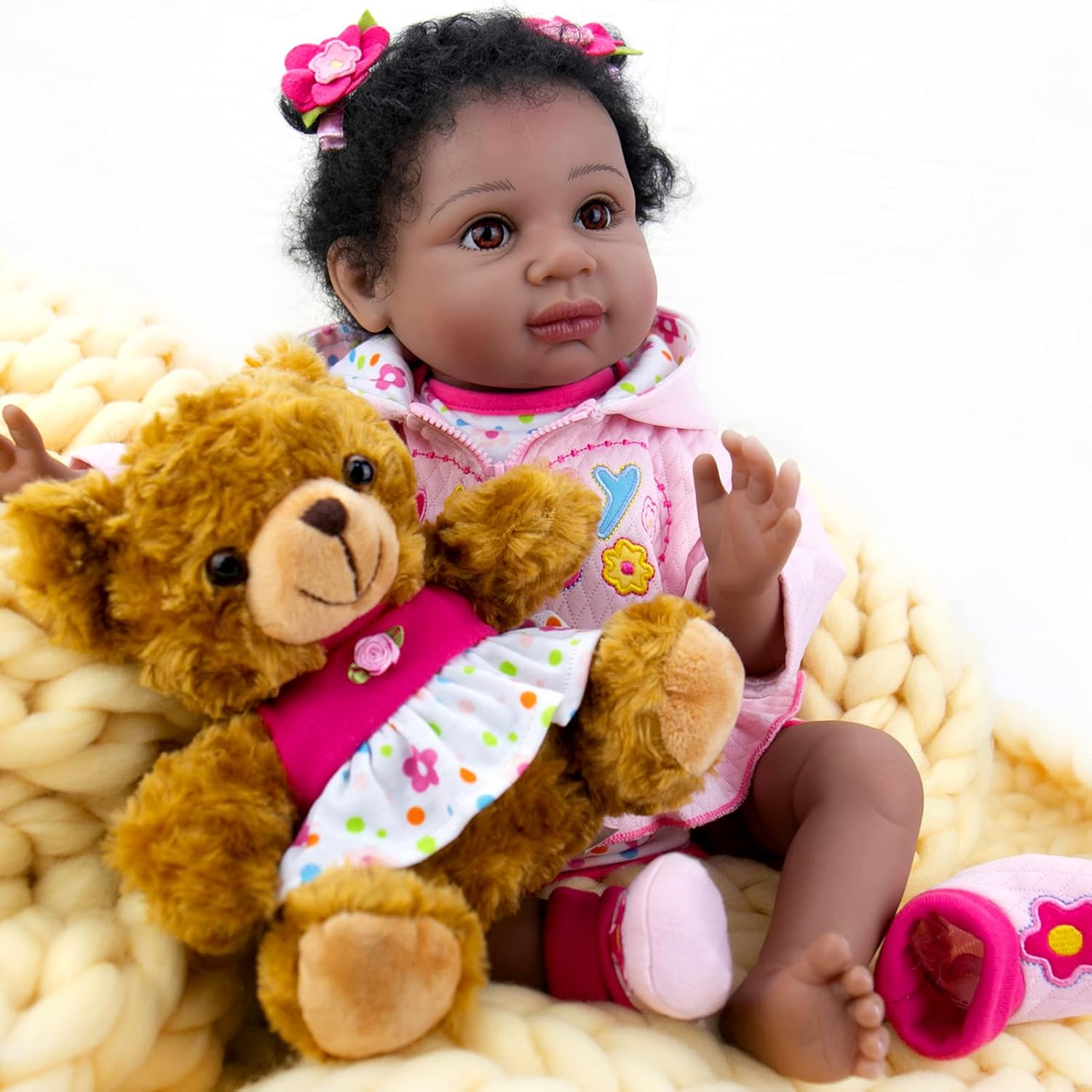 Super Big Clearance! Aori Reborn Baby Dolls 22 Inch Realistic Black Newborn Baby Girl Dolls Lifelike African American Reborn Toddler Dolls with Pink Clothes Great Gift Set for Girls Age 3+